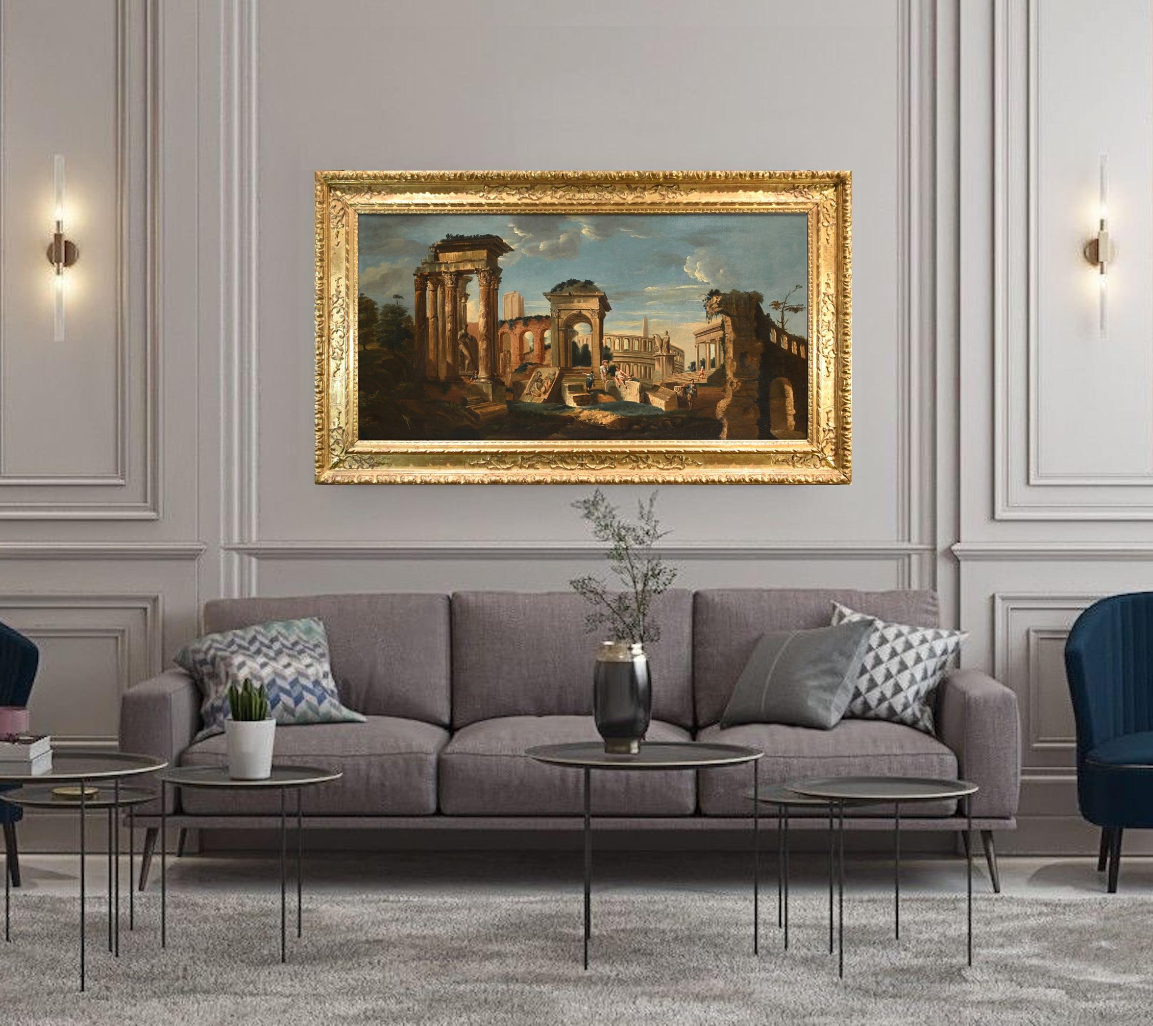 Architectural Capriccio Landscape Roma Fabris 18th Century Table Oil on canvas For Sale 1