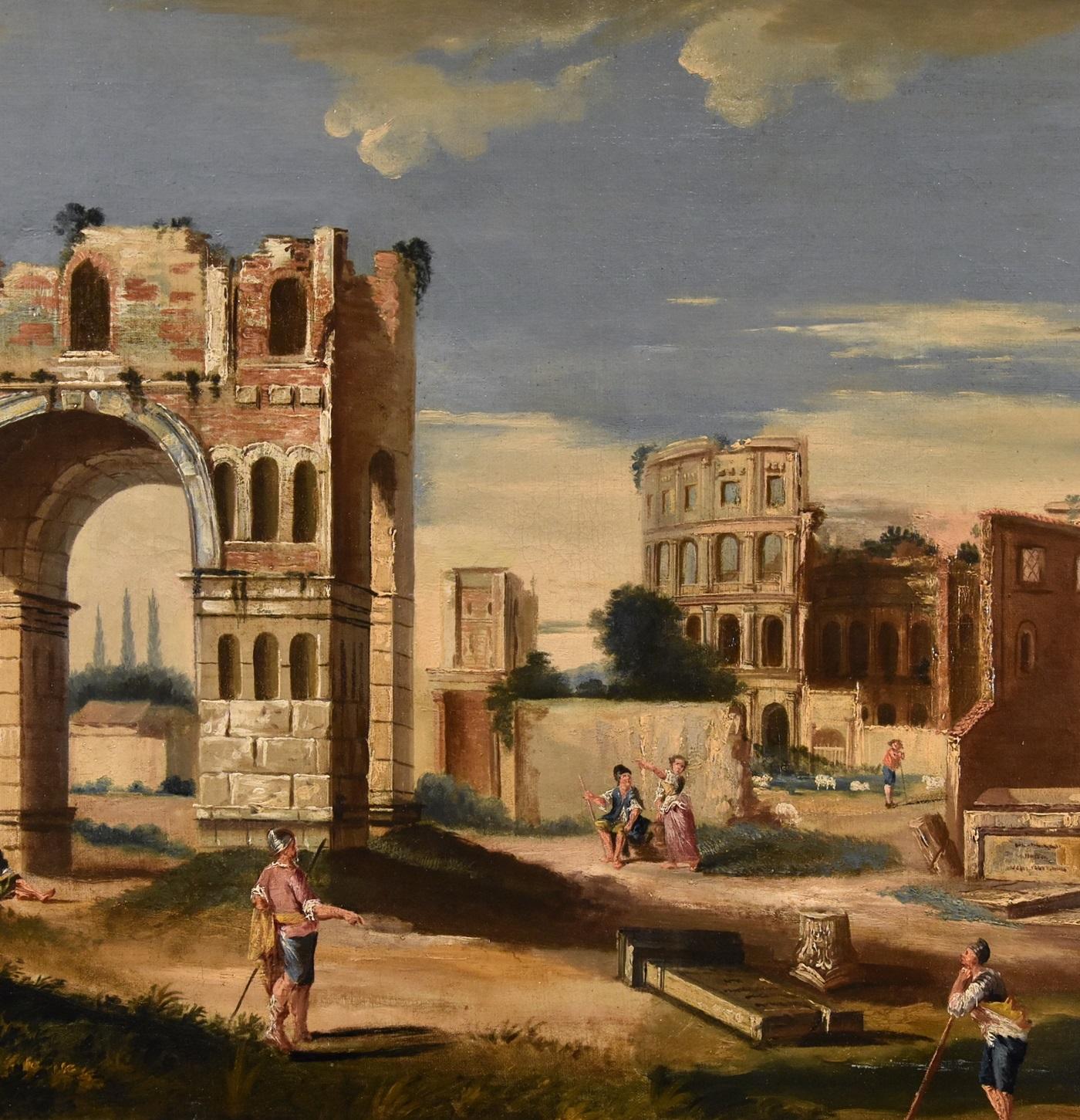 Capriccio architettonico Paesaggio Roma Fabry 18° secolo Tavola Olio su tela in vendita 2