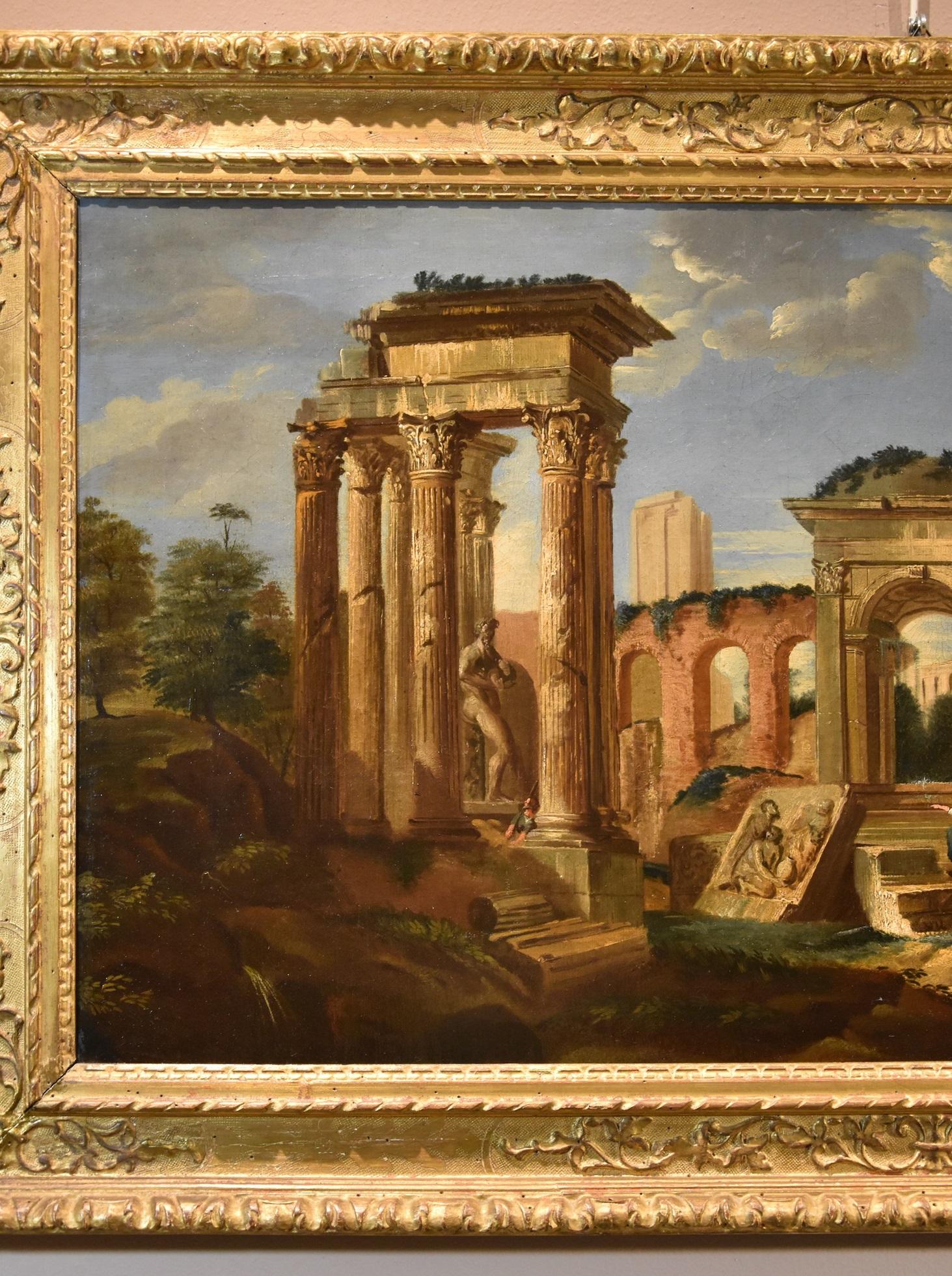 Architectural Capriccio Landscape Roma Fabris 18th Century Table Oil on canvas For Sale 2