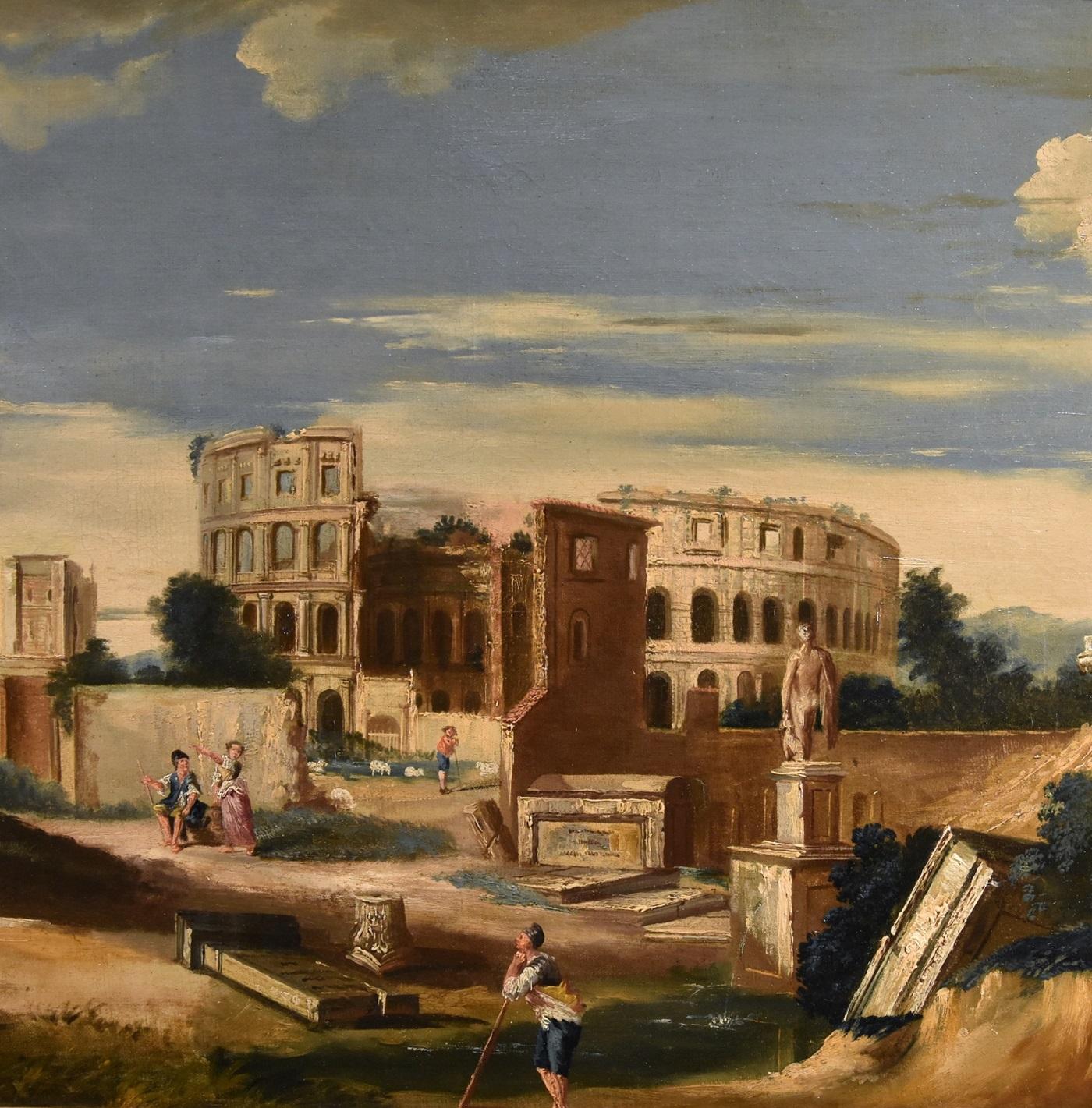 Capriccio architettonico Paesaggio Roma Fabry 18° secolo Tavola Olio su tela in vendita 3