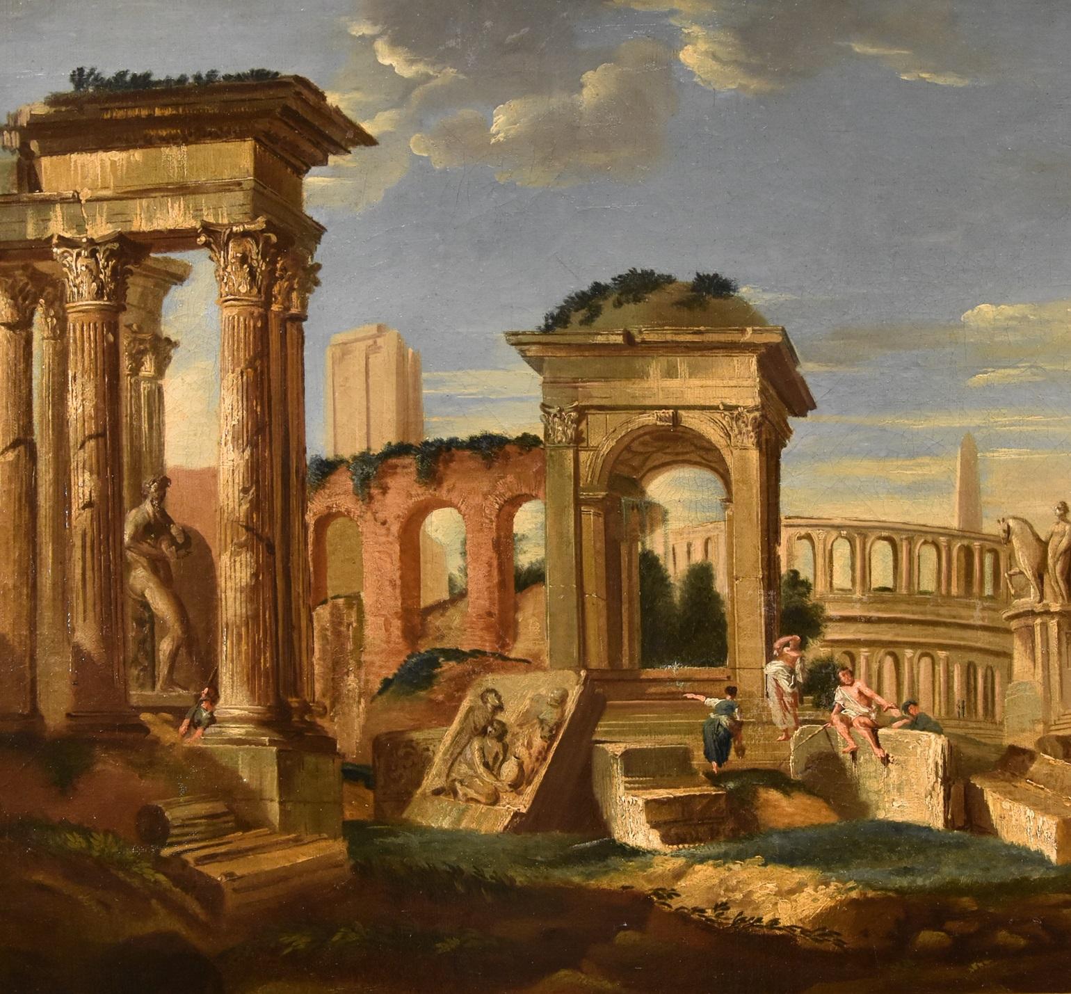 Architectural Capriccio Landscape Roma Fabris 18th Century Table Oil on canvas For Sale 3