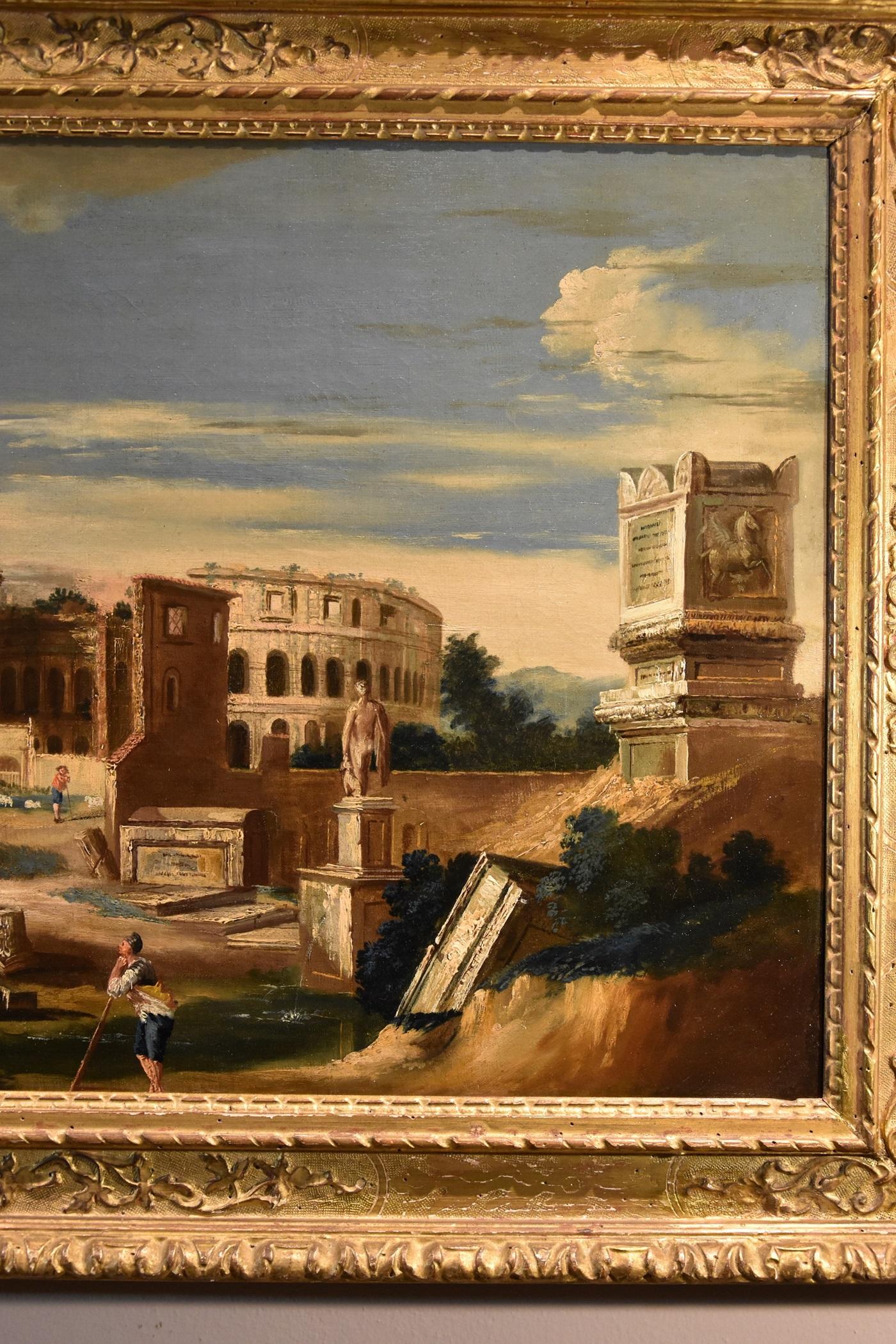 Capriccio architettonico Paesaggio Roma Fabry 18° secolo Tavola Olio su tela in vendita 4
