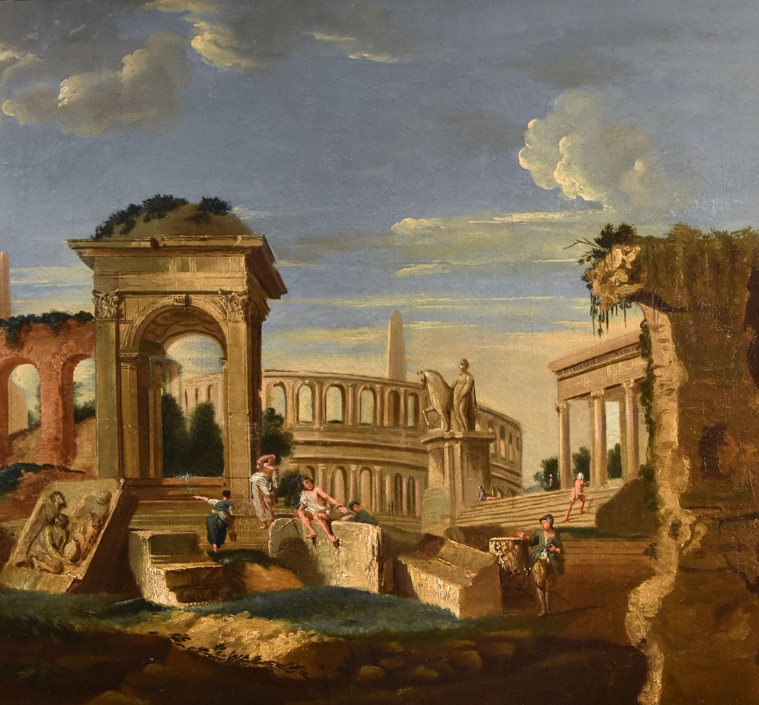 Architectural Capriccio Landscape Roma Fabris 18th Century Table Oil on canvas For Sale 4