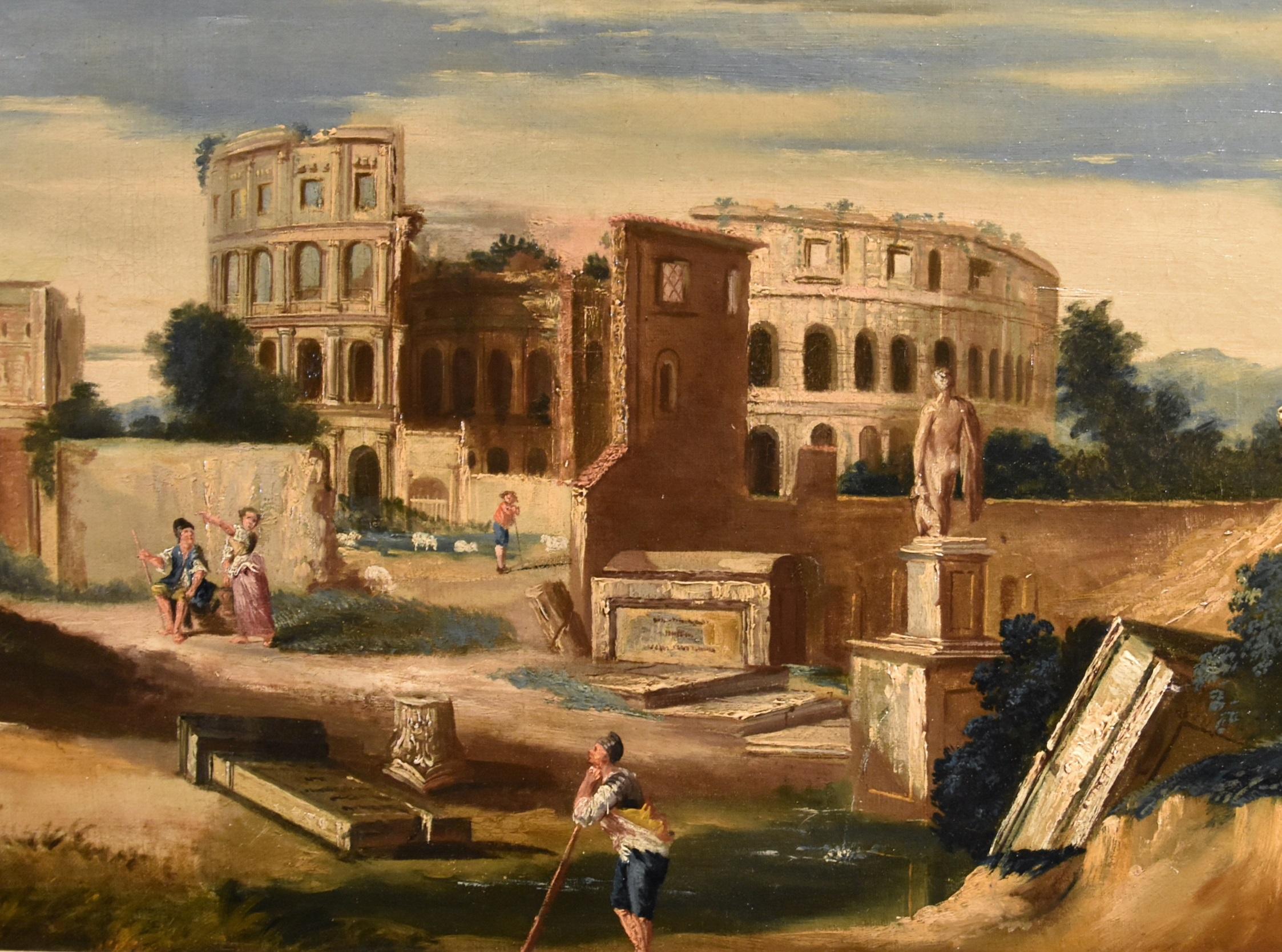 Capriccio architettonico Paesaggio Roma Fabry 18° secolo Tavola Olio su tela in vendita 5