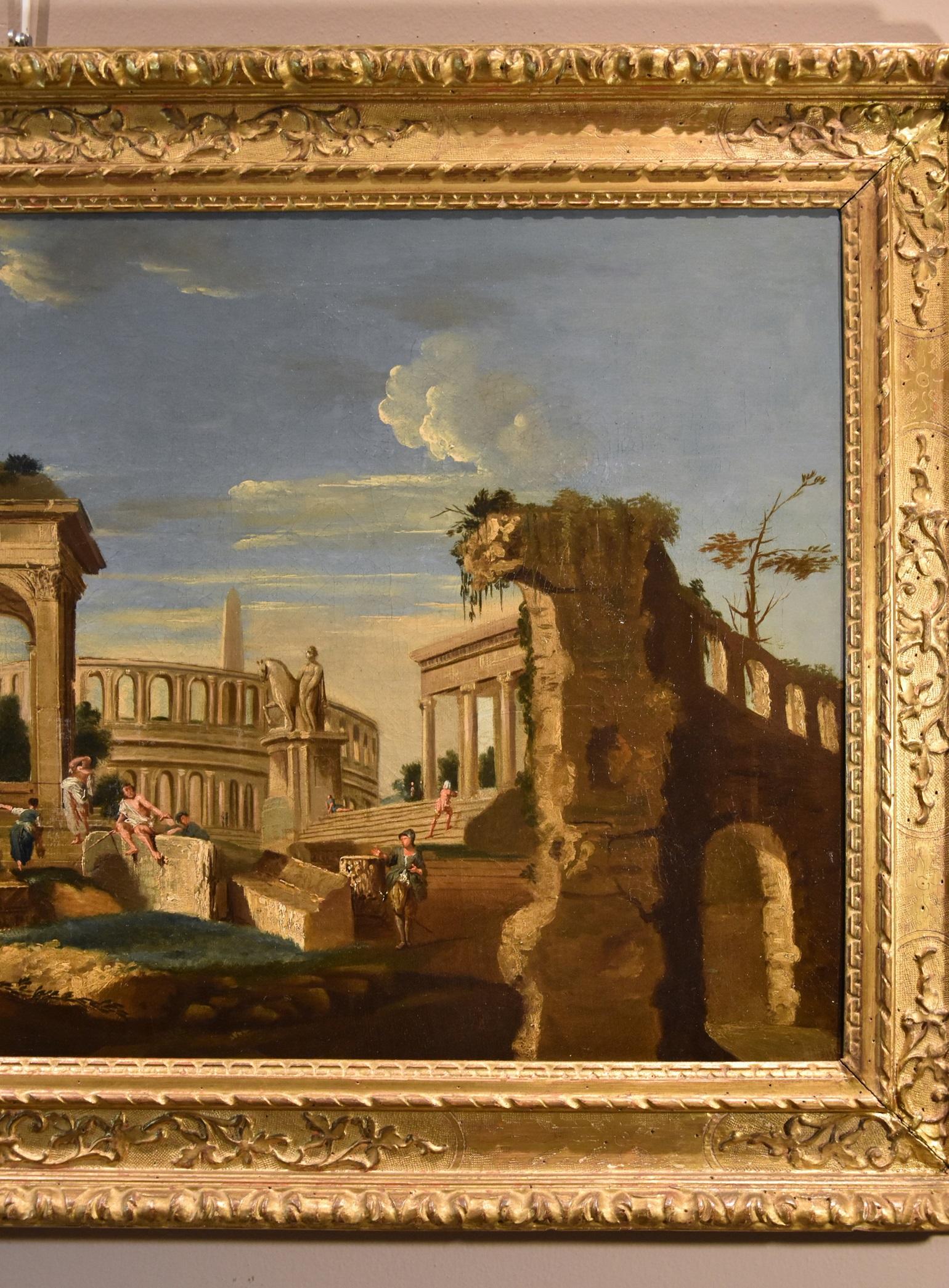 Architectural Capriccio Landscape Roma Fabris 18th Century Table Oil on canvas For Sale 5