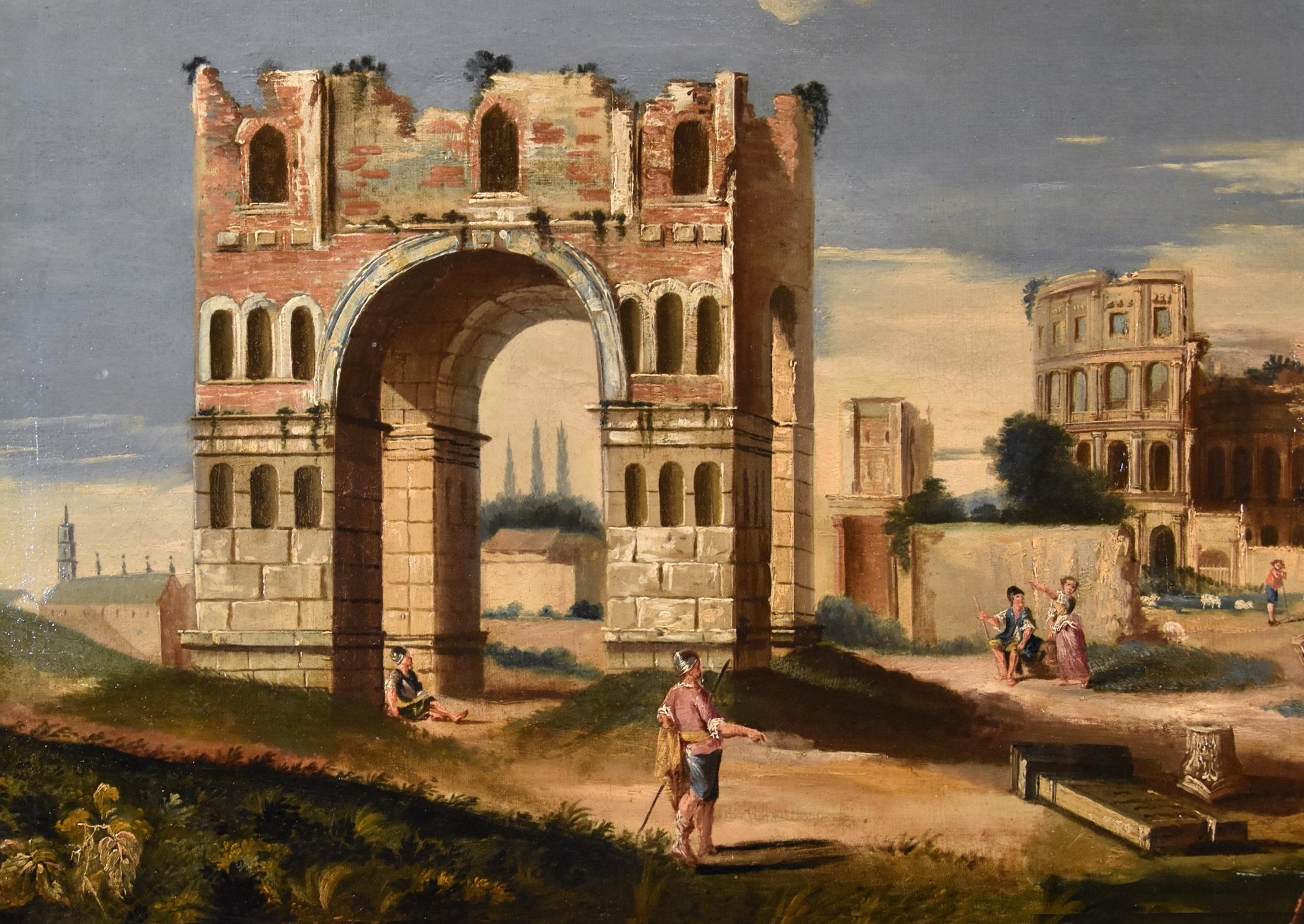 Capriccio architettonico Paesaggio Roma Fabry 18° secolo Tavola Olio su tela in vendita 6