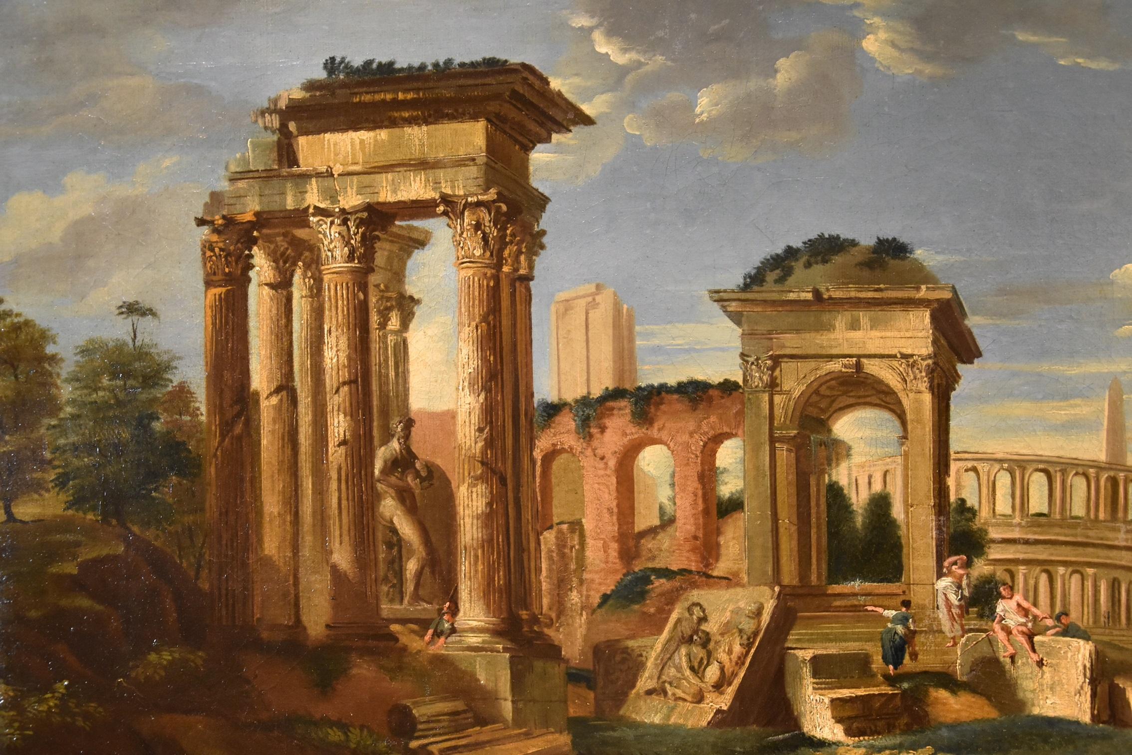 Architectural Capriccio Landscape Roma Fabris 18th Century Table Oil on canvas For Sale 6
