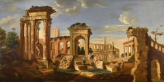 Capriccio architettonico Paesaggio Roma Fabry 18° secolo Tavola Olio su tela