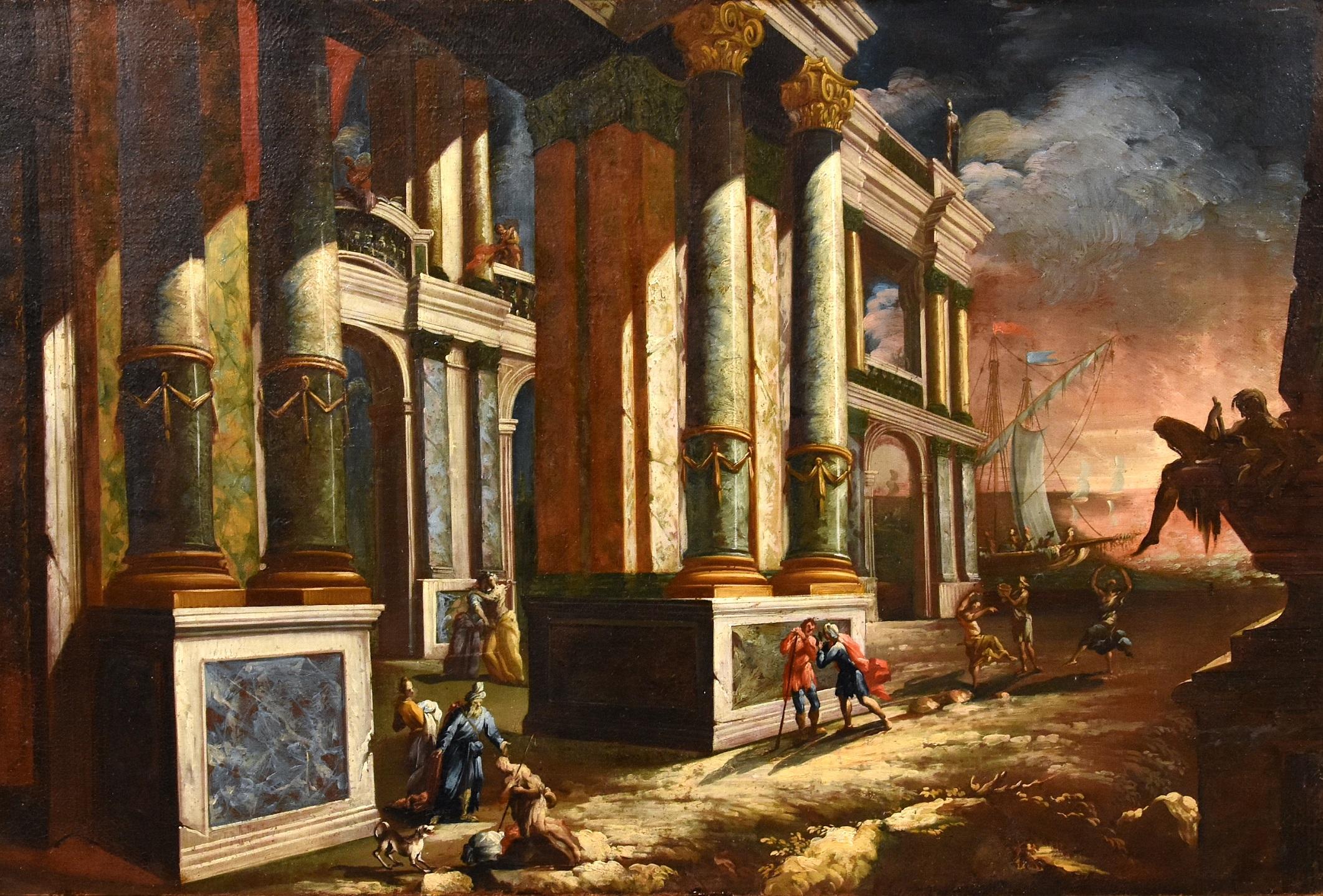 Küstenlandschaft Capriccio Saeys Paint Öl auf Leinwand 17/18. Jahrhundert Flämisch  (Alte Meister), Painting, von Jacob Ferdinand Saeys (Antwerp 1658 - Vienna 1726)
