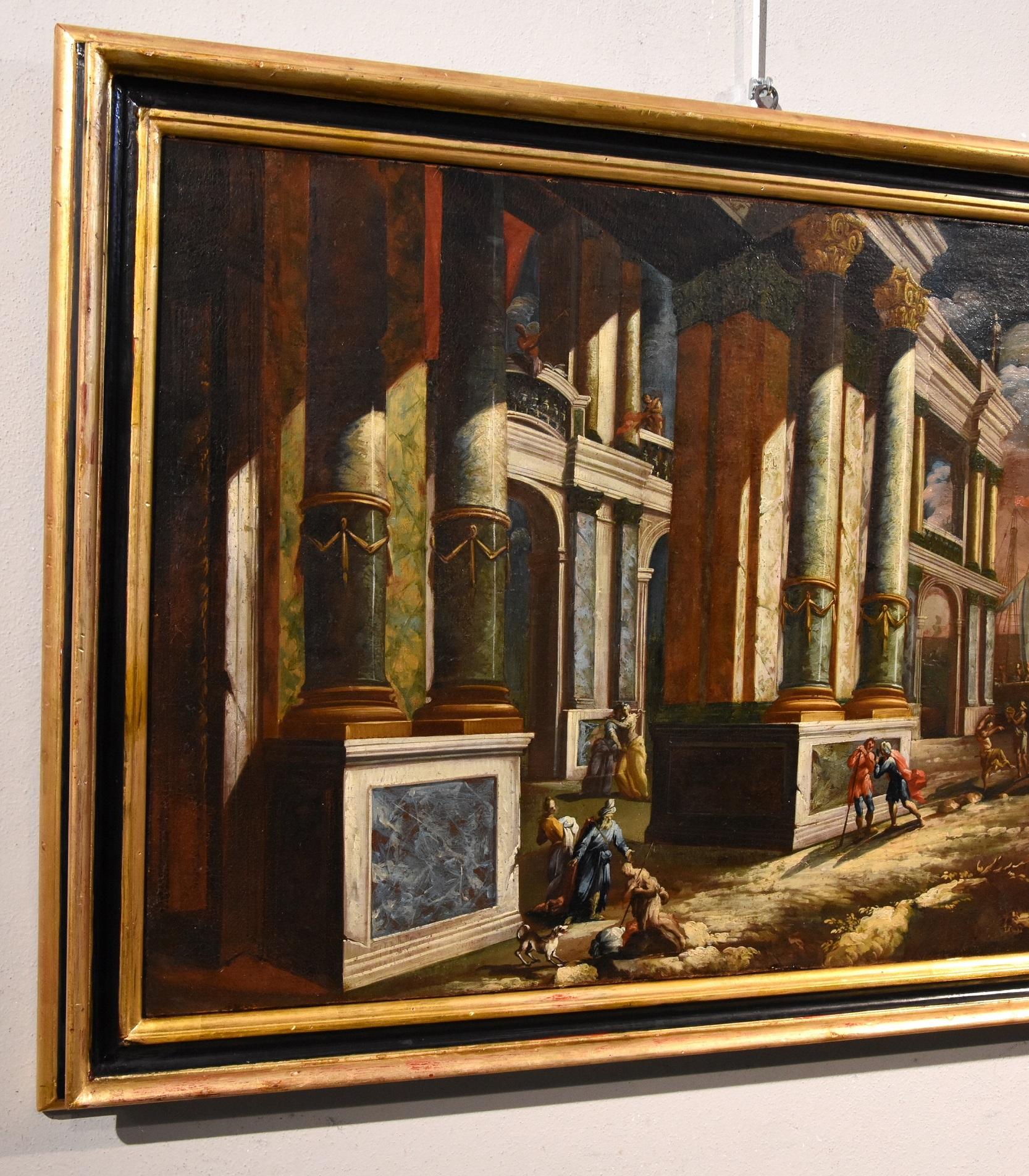 Jacob Ferdinand Saeys (Antwerpen 1658 - Wien 1726) und Werkstatt
Architektonisches Capriccio mit Blick auf eine Küste bei Sonnenuntergang und Figuren

Ölgemälde auf Leinwand
60 x 91 cm, mit Rahmen 75 x 104 cm.

Das vorgeschlagene Gemälde, ein