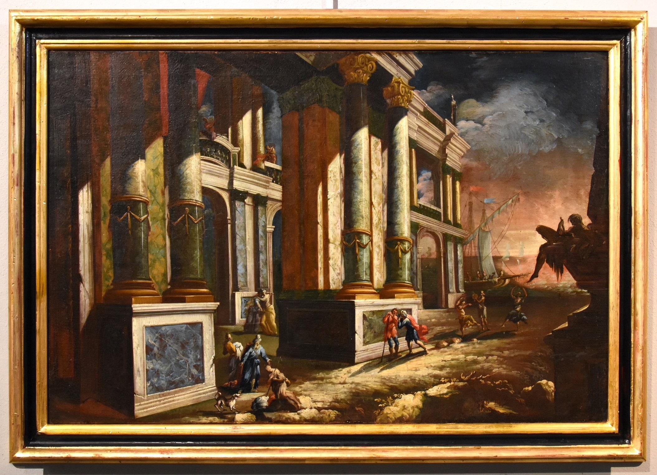 Küstenlandschaft Capriccio Saeys Paint Öl auf Leinwand 17/18. Jahrhundert Flämisch  – Painting von Jacob Ferdinand Saeys (Antwerp 1658 - Vienna 1726)