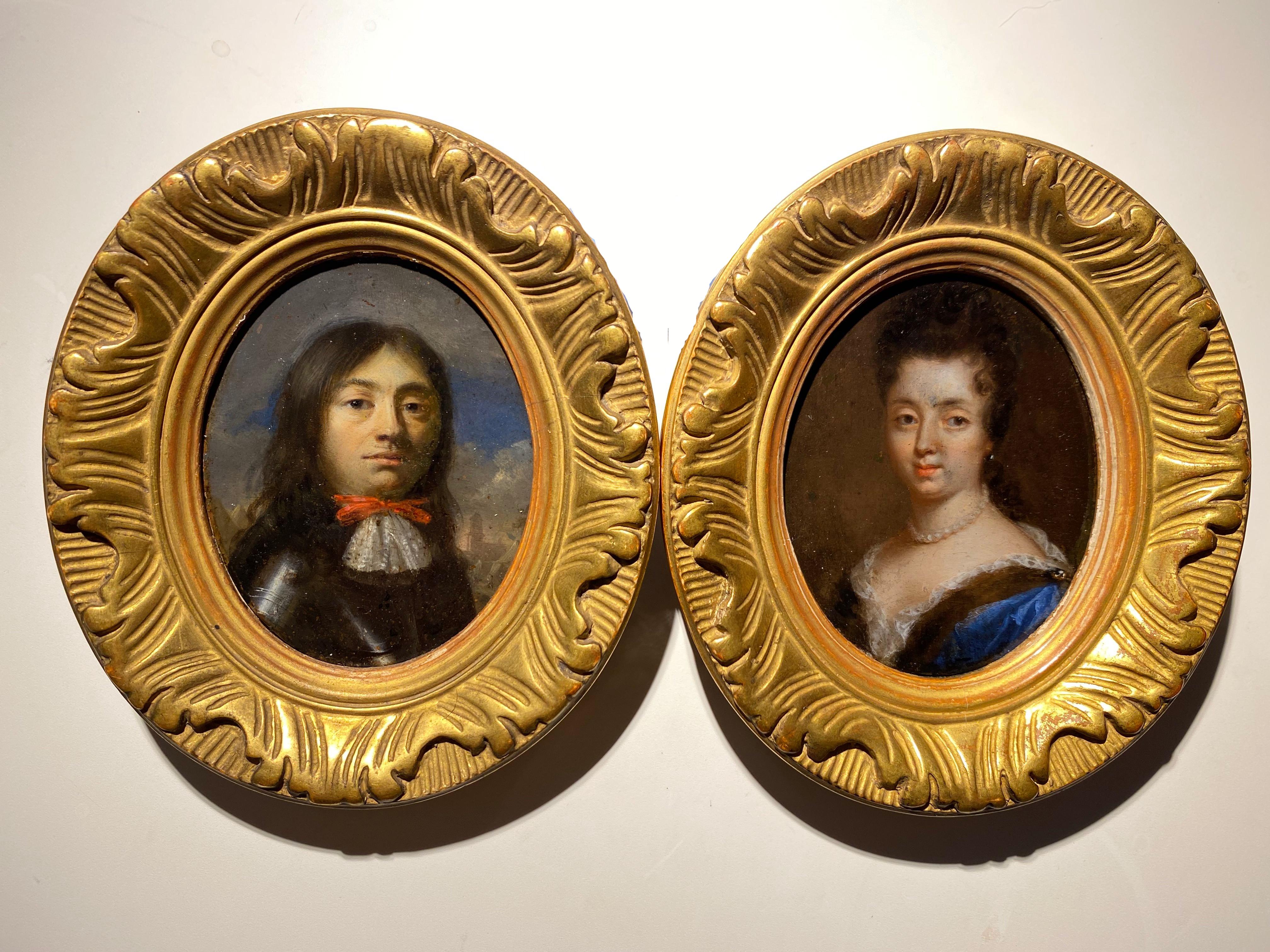 Jacob Ferdinand Voet Portrait Painting - 17th century Pair of Old Master miniatures of a couple Military Noble man love