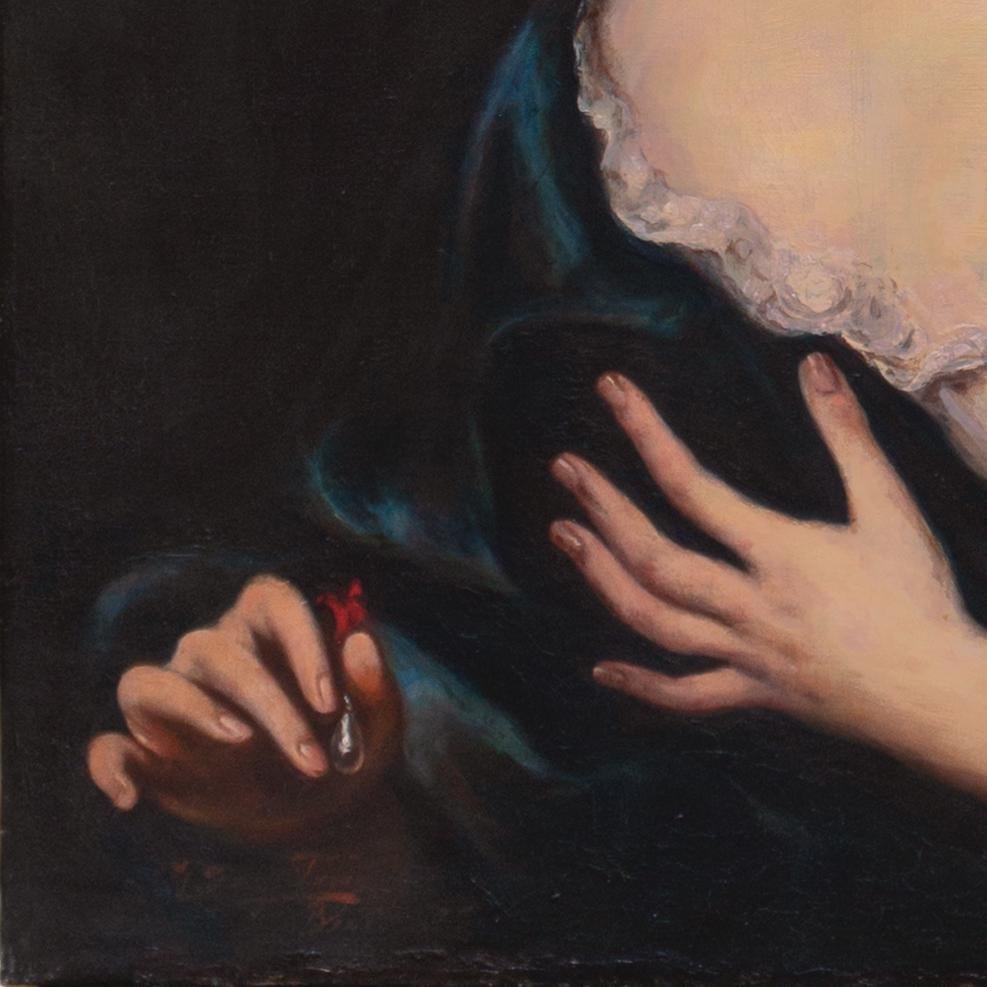 Undeutlich signiert und datiert, unten links, gemalt um 1850.
Gerahmte Abmessungen: 39 B x 4 T x 34,5 B Zoll
Ausgestellt in einem schönen und soliden Rahmen aus geschnitztem Goldholz und Gesso aus dem späten 19.

Ein fein gemaltes und psychologisch