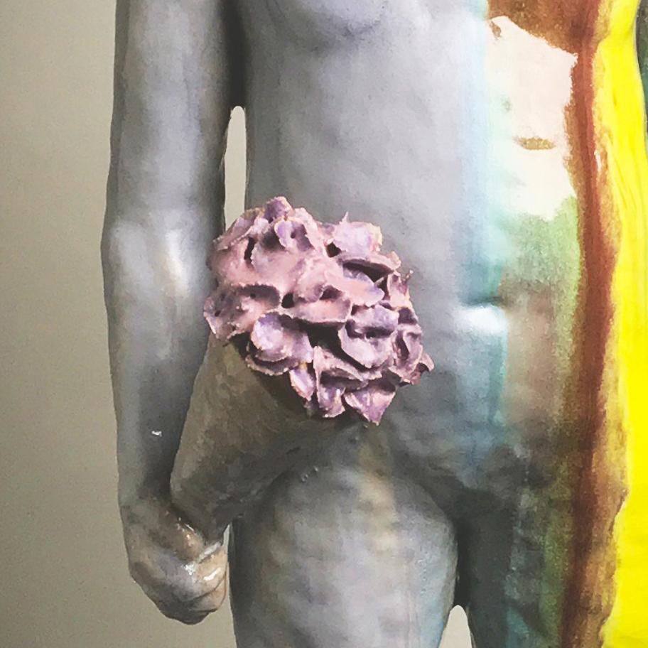 Girl Who Loves Boy - Large Ceramic Sculpture of A Child with Flowers - Contemporary Mixed Media Art by Jacob Foran