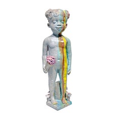 Girl Who Loves Boy - Large Ceramic Sculpture of A Child with Flowers