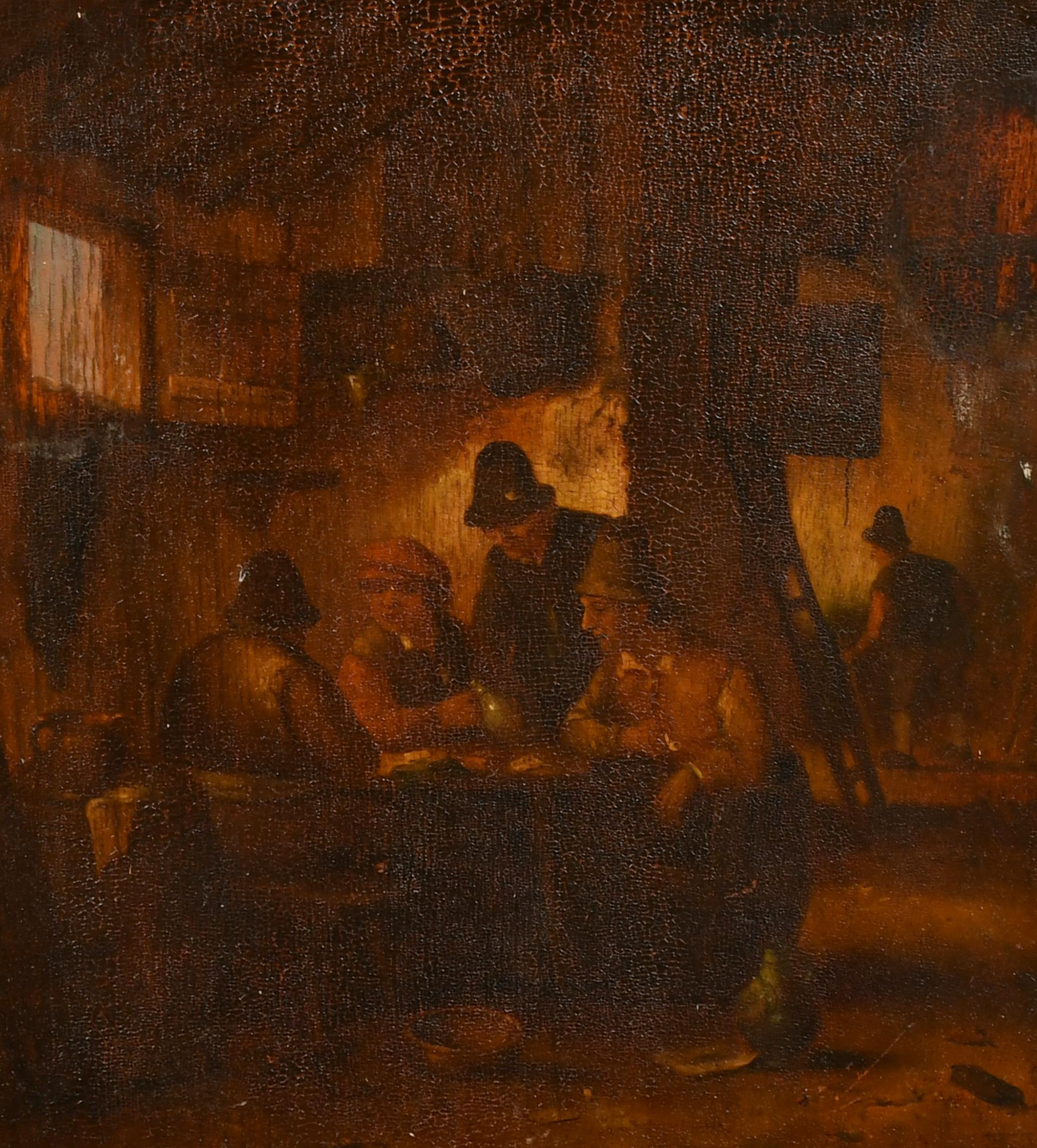 Pittura ad olio su pannello di un vecchio maestro olandese del XVII secolo Figure in un interno di taverna - Painting di Jacob Fransz van der Merck (1610-1664)