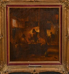 Pittura ad olio su pannello di un vecchio maestro olandese del XVII secolo Figure in un interno di taverna