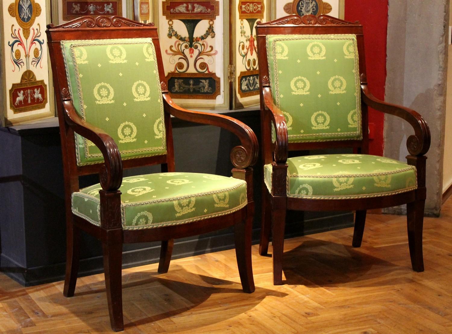This magnificent pair of French late 18th Century- early 19th Century armchairs could be attributable to Jacob-Desmalter, an outstanding chairmaker and cabinetmaker who worked in the Louis XVI style and Directoire styles of the earlier phase of