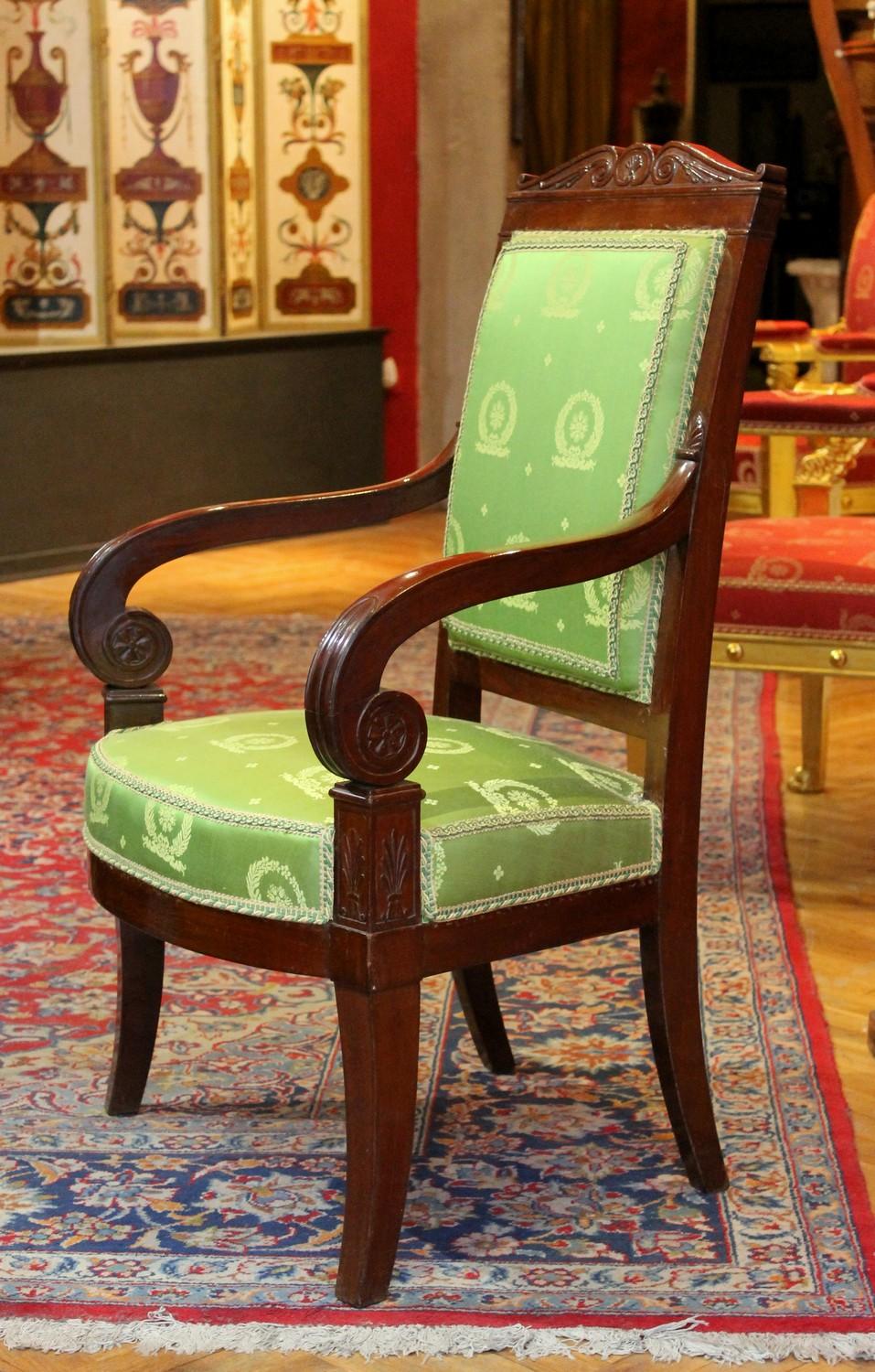 Empire Jacob French 18th Century Mahogany and Green Silk Upholster High Back Armchairs For Sale