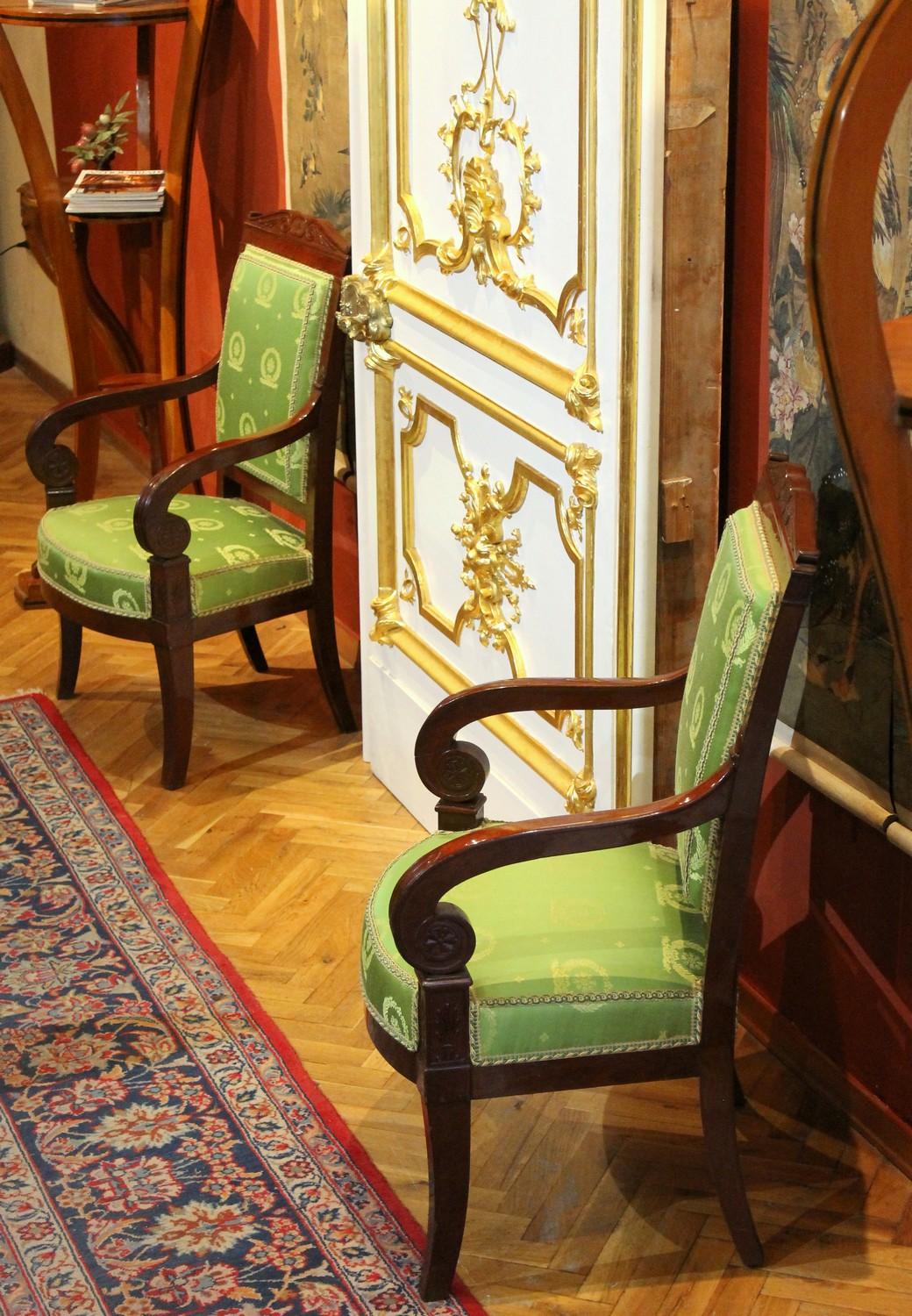 Jacob French 18th Century Mahogany and Green Silk Upholster High Back Armchairs For Sale 2