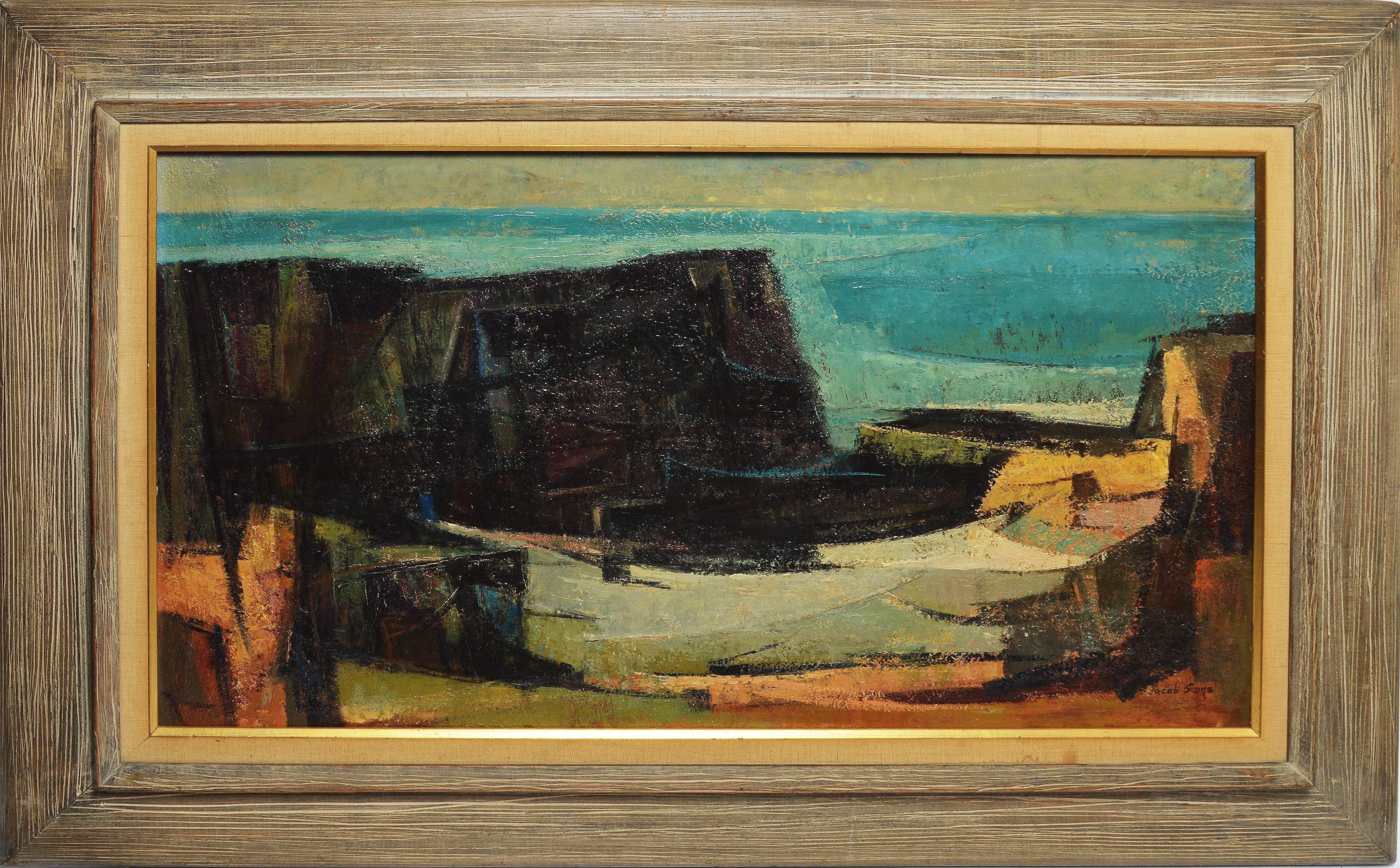 Modernist New England coastal view by Jacob Gains  (born 1907).  Oil on board, circa 1940.  Signed lower right.  Displayed in a period modernist frame.  Image size, 35"L  21"H, overall 43"L x 29"H.