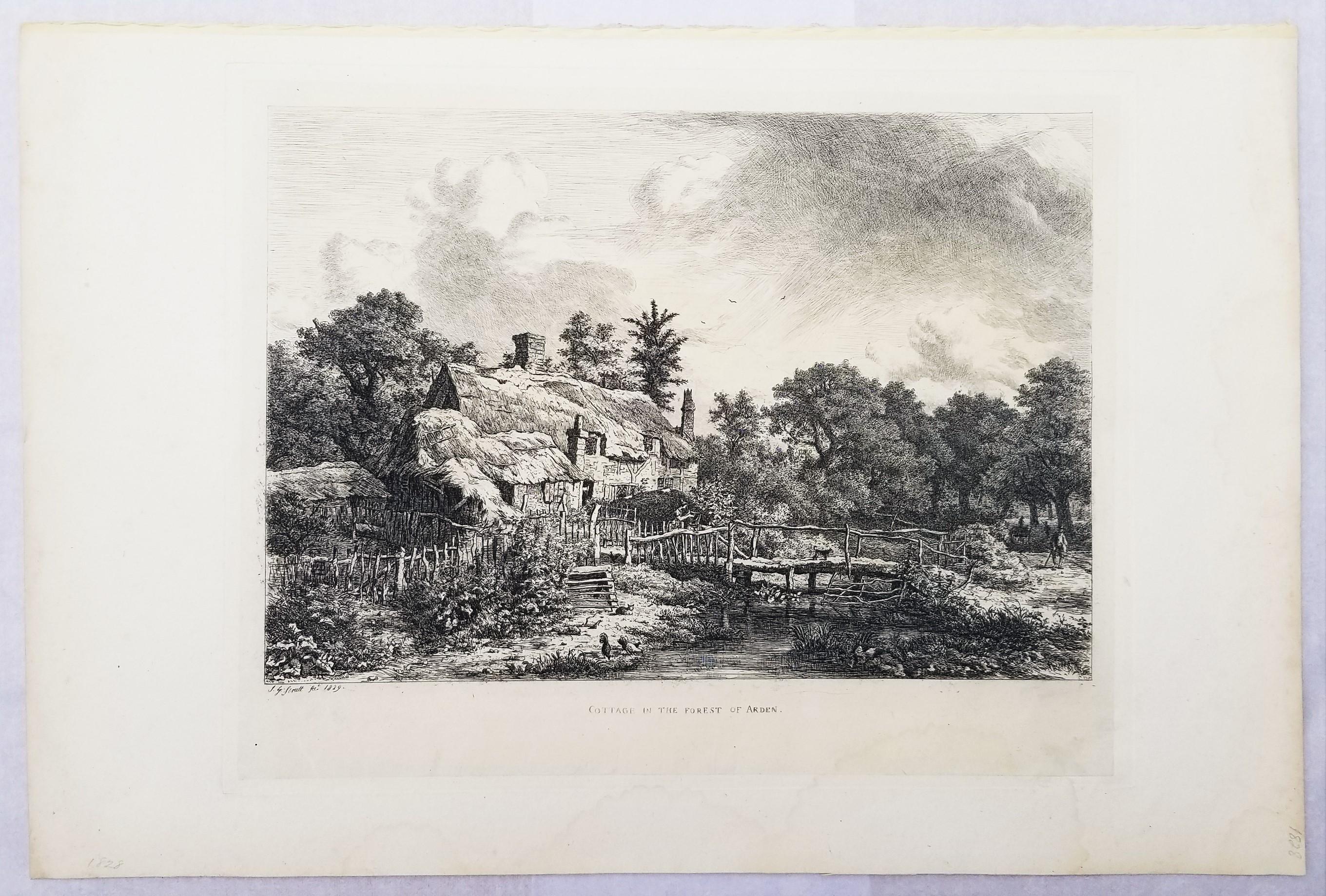 Cottage in the Forest of Arden /// British Victorian Landscape Cottage Etching - Gray Landscape Print by Jacob George Strutt