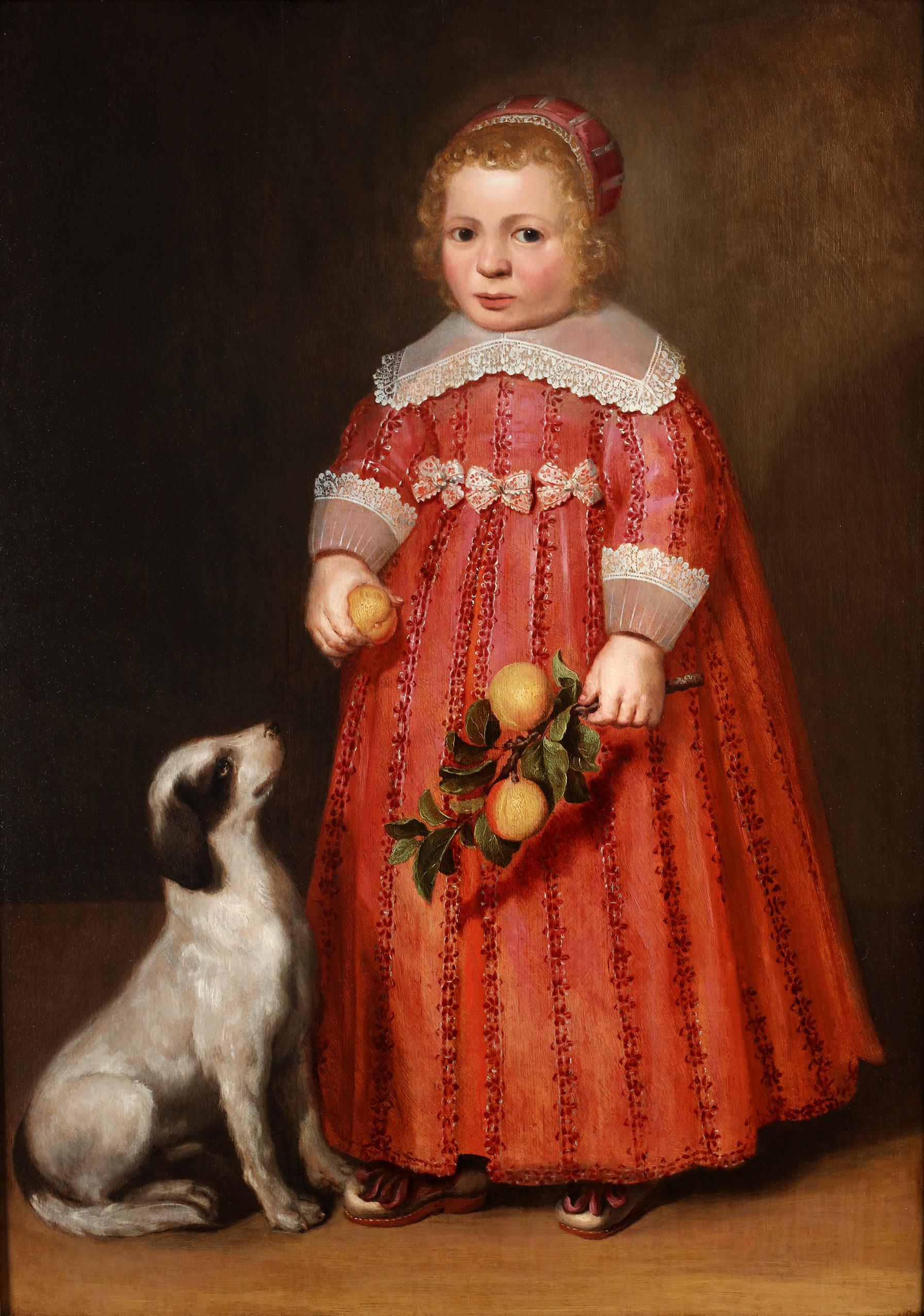 Oil on panel 

Portrait of a child holding peaches, accompanied by a dog. 

We are grateful to Fred Meijer for confirming the attribution on the basis of high-resolution photographs.

The present portrayal of a silk-robed child, attended by a