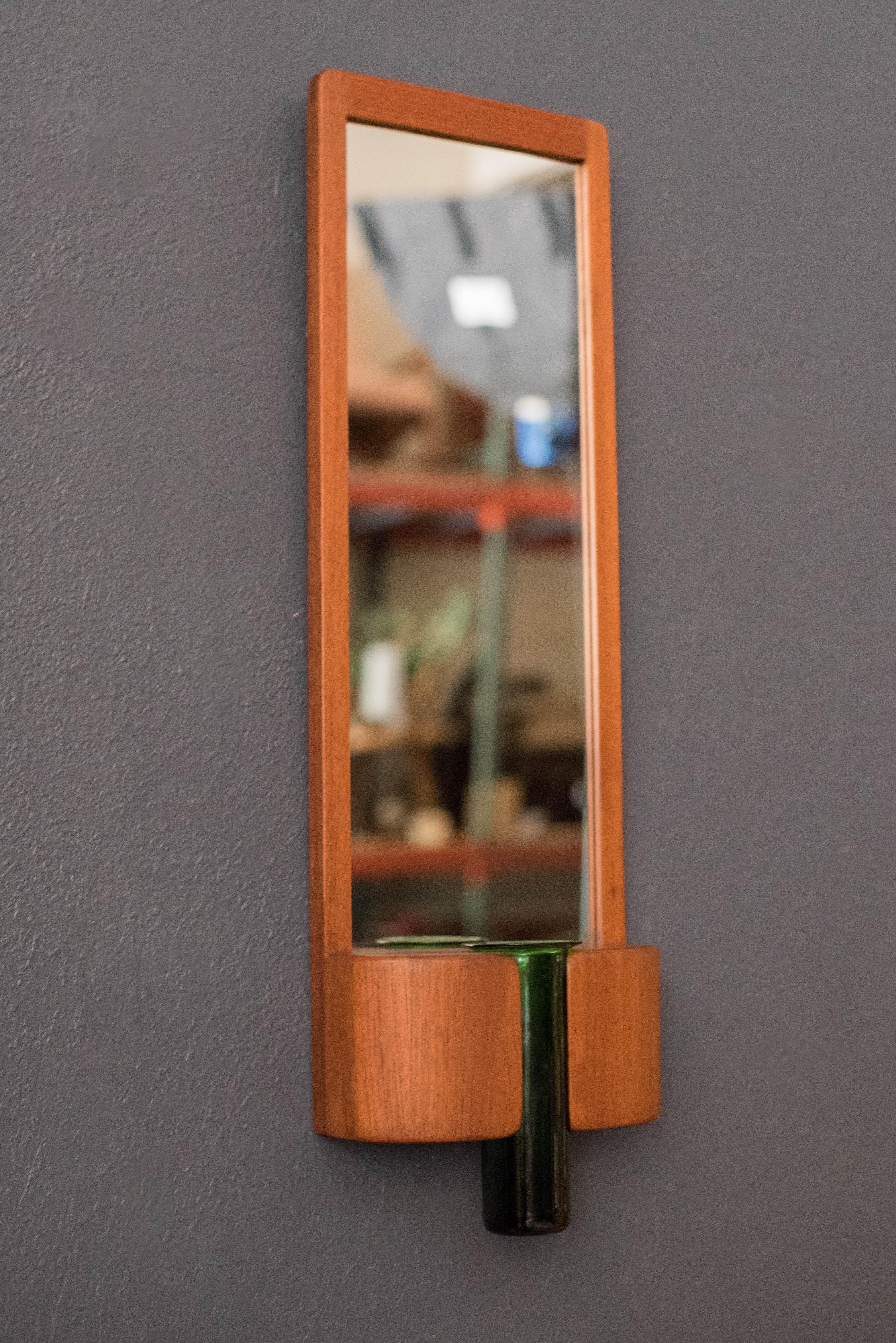 Scandinavian Modern Jacob Hermann Danish Teak Wall Mirror and Holmegaard Glass Vase by Per Lütken For Sale