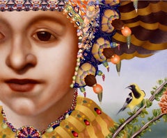 WOMAN 26, VENEZUELAN TURPIAL, figurative portrait, vivid color, yellow bird