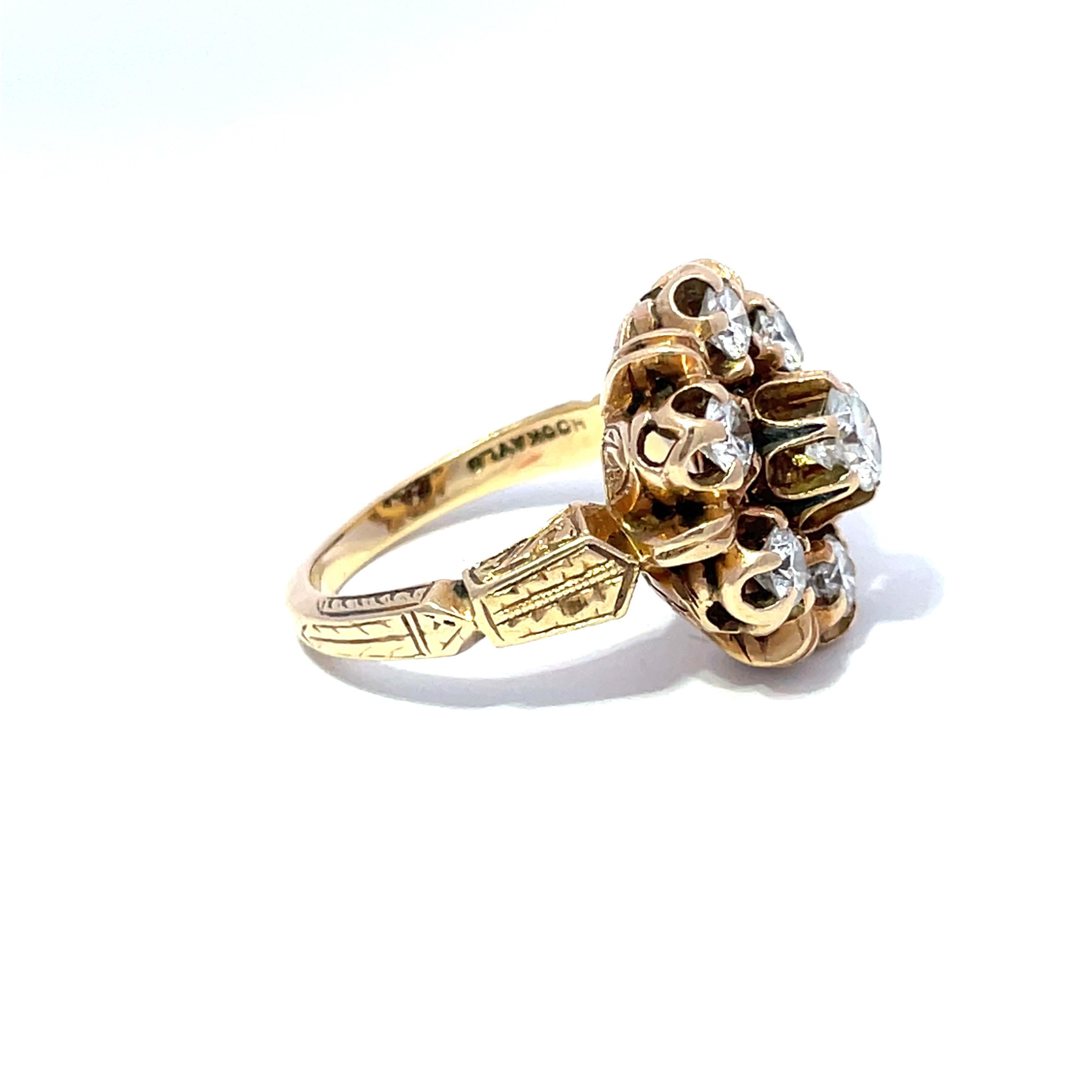 Jacob Hookaylo Anillo tallado a mano en oro amarillo de 14 quilates con diamantes antiguos talla europea en venta 2