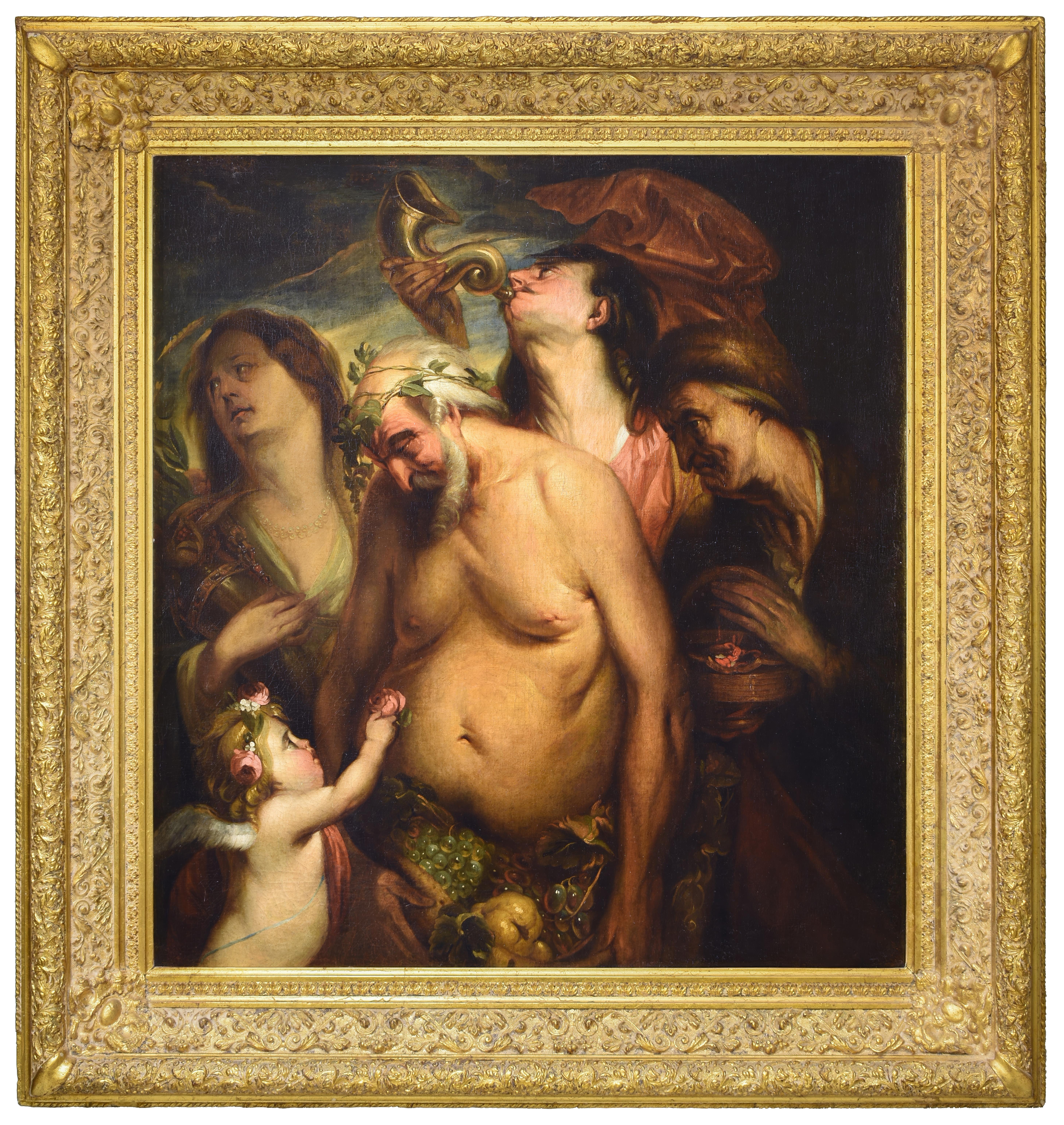 Jacob Jordaens Figurative Painting - Mythological Allegory of Drunken Silenus and Flora, 17th Century Flemish School