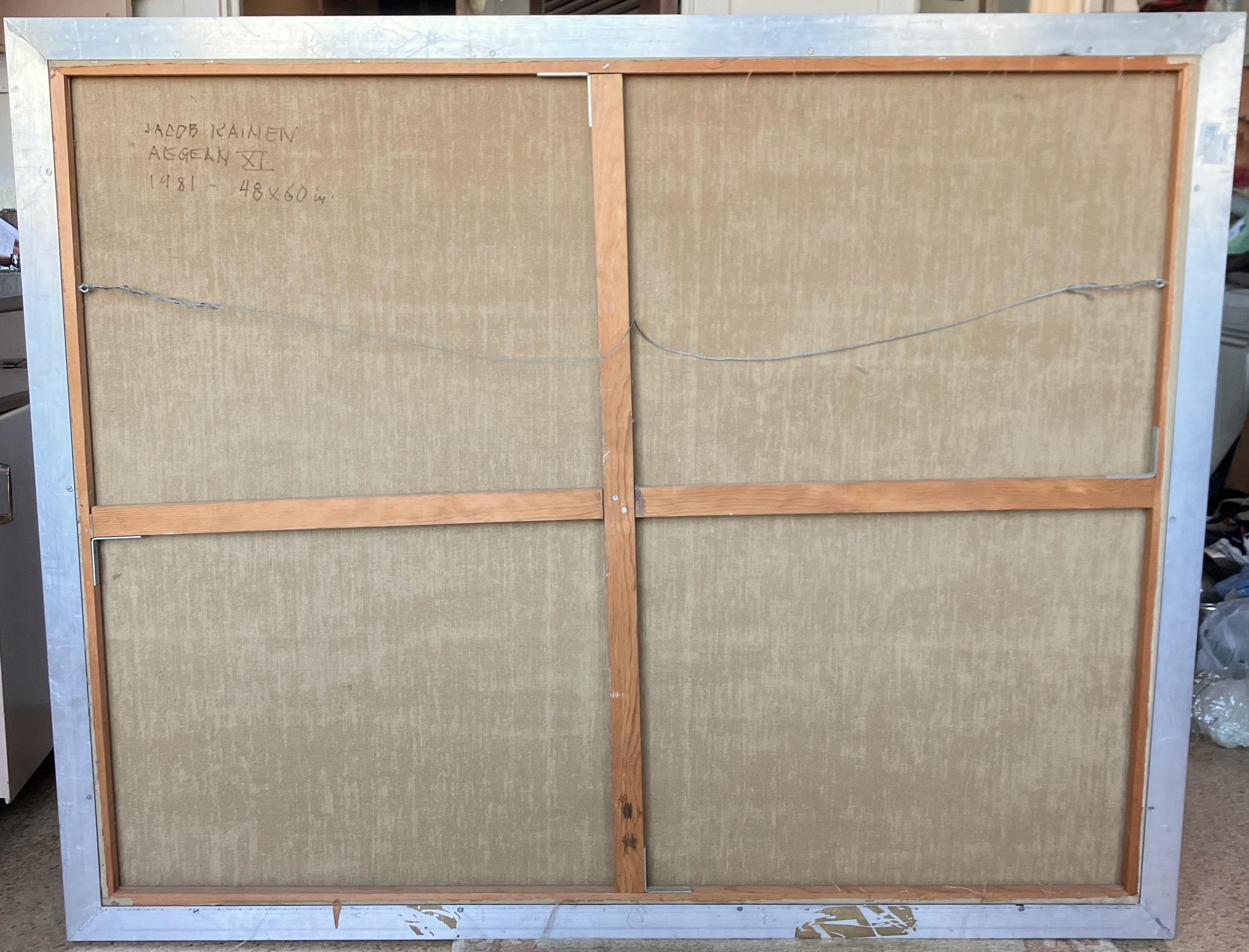 Artist: Jacob Kainen– American (1909 - 2001)
Title: Aegean XI
Year: 1981
Medium: Oil on Canvas
Size: 48 x 60 inches
Framed size: 49 x 61 inches
Signature: Signed, dated lower right. Signed, titled, dated on reverse
Condition: Very good
Frame: Frame
