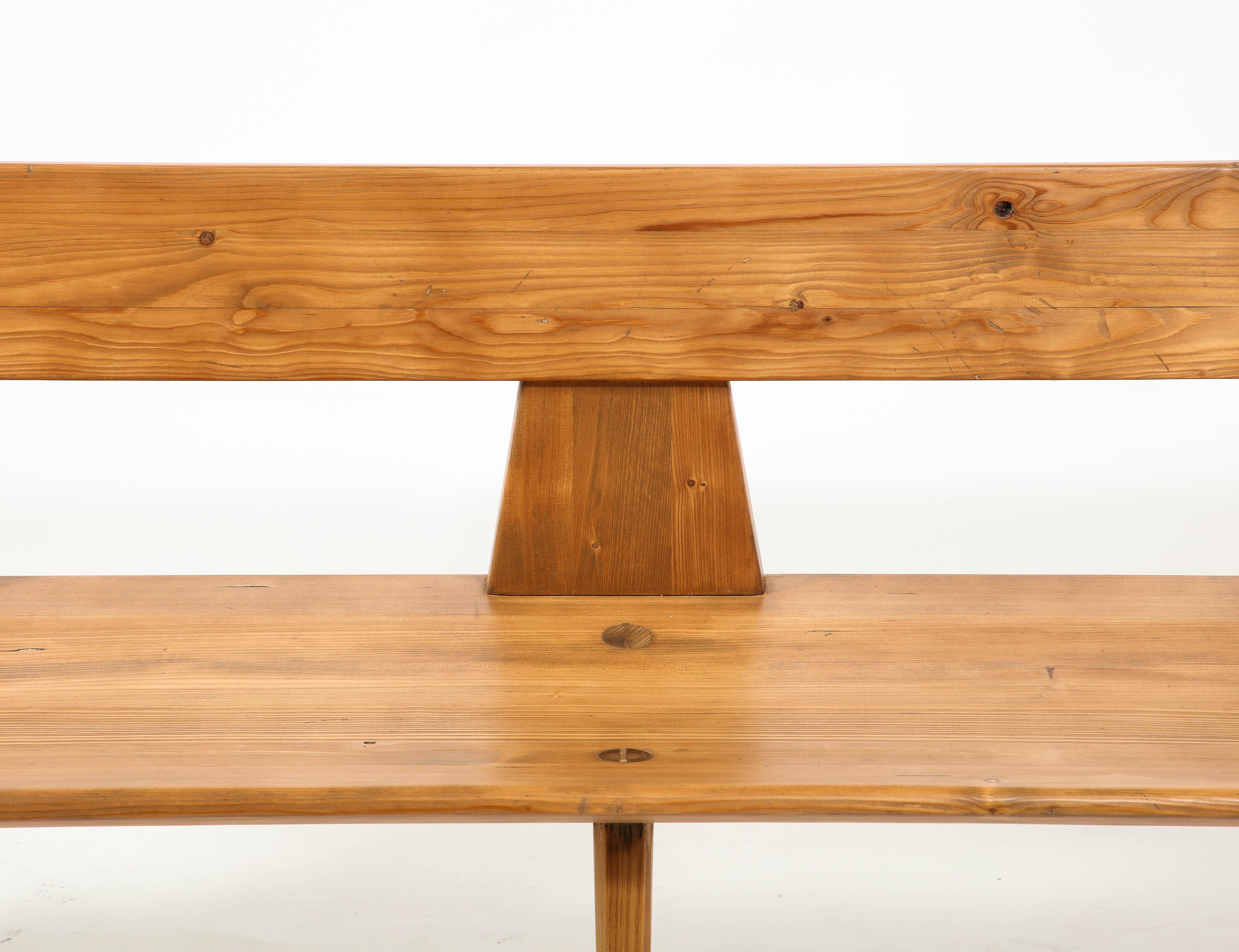 Solid pine construction on elegant compass legs, truncated back on triangular posts. Refinished in a rich gold tone.
