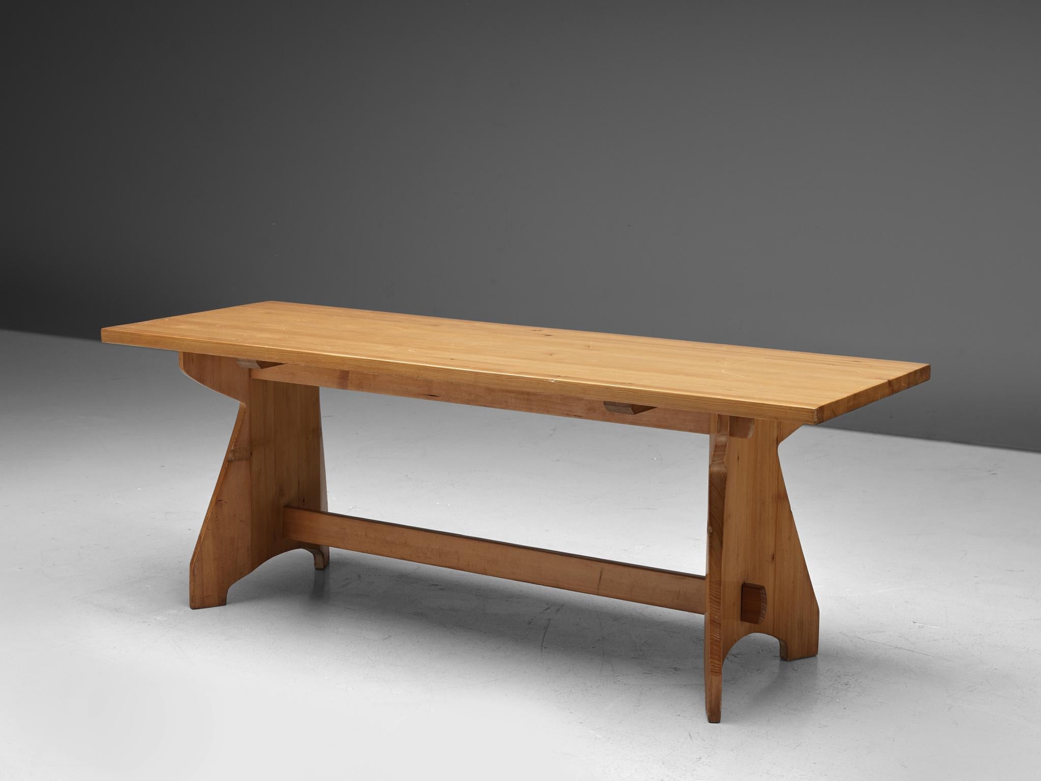 Jacob Kielland-Brandt, dining table, pine, Denmark, 1960s.

Rectangular dining table in solid pinewood. This classical kitchen table shows great craftsmanship, as seen on the wooden joints. The pinewood shows a nice warm grain, which can only be