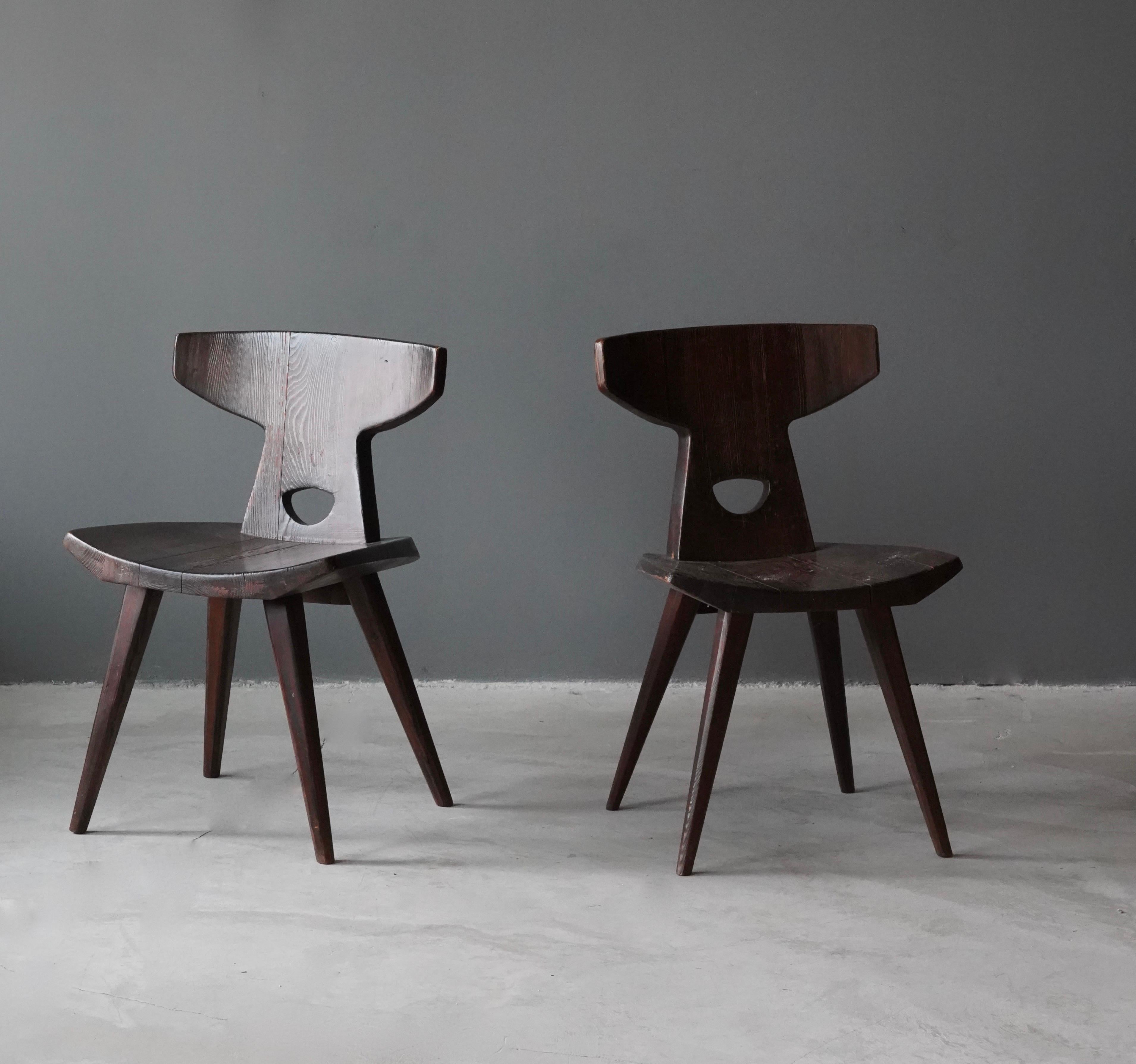 Mid-Century Modern Jacob Kielland-Brandt, Side Chairs, Solid Dark-Stained Pine, Denmark, 1960s