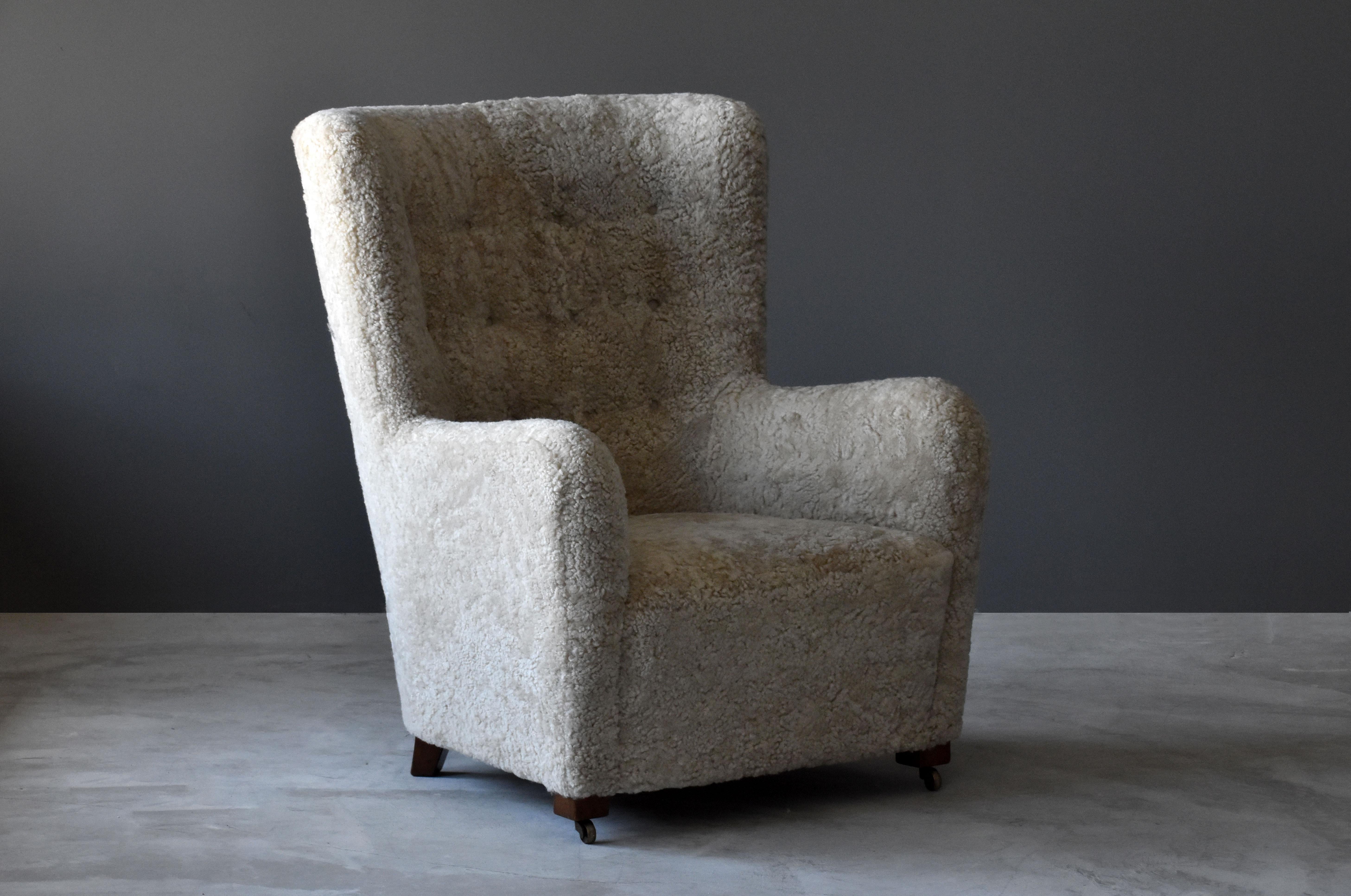 Scandinavian Modern Jacob Kjær, Attribution High-Back Lounge Chair, Sheepskin, Denmark, 1940s