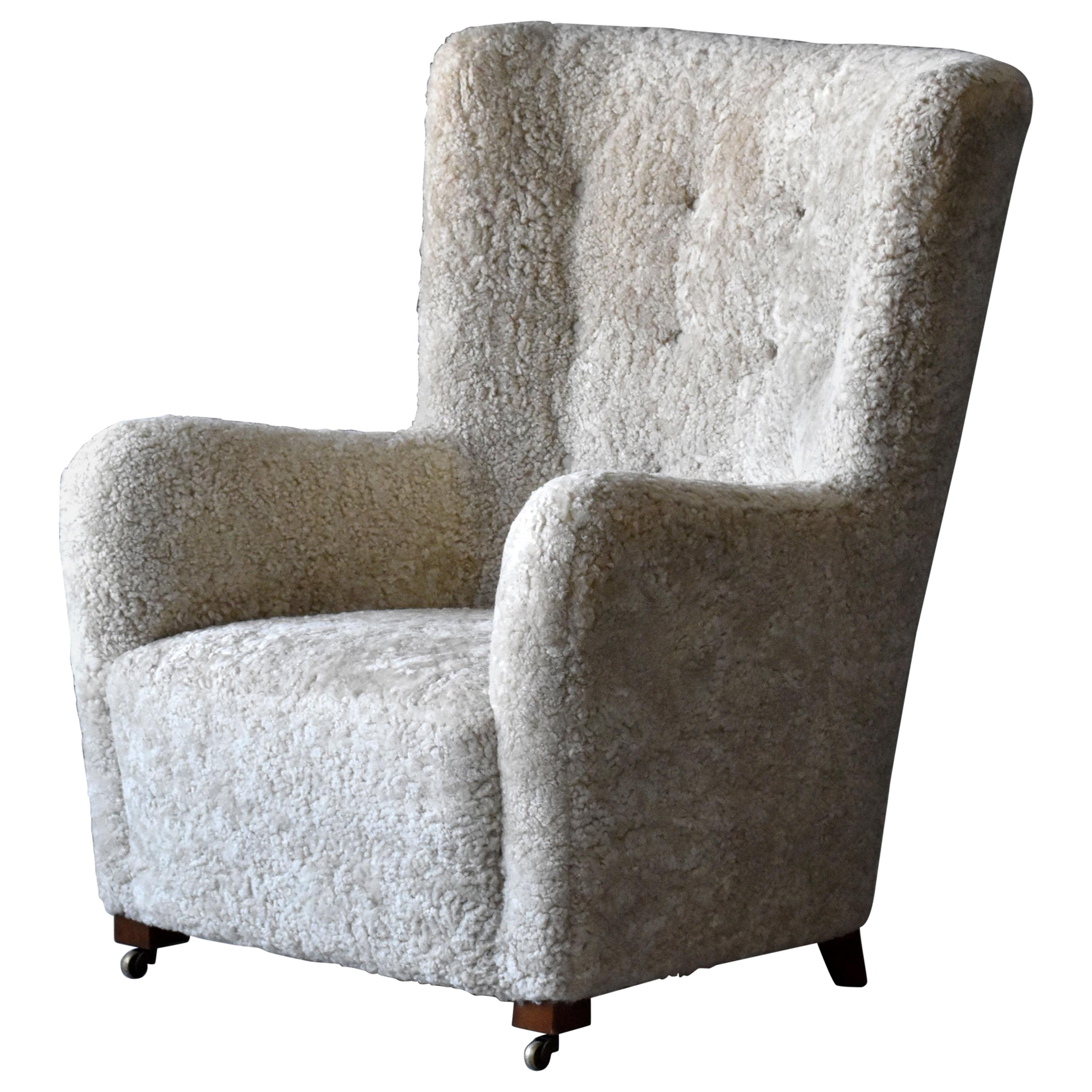 Jacob Kjær, Attribution High-Back Lounge Chair, Sheepskin, Denmark, 1940s