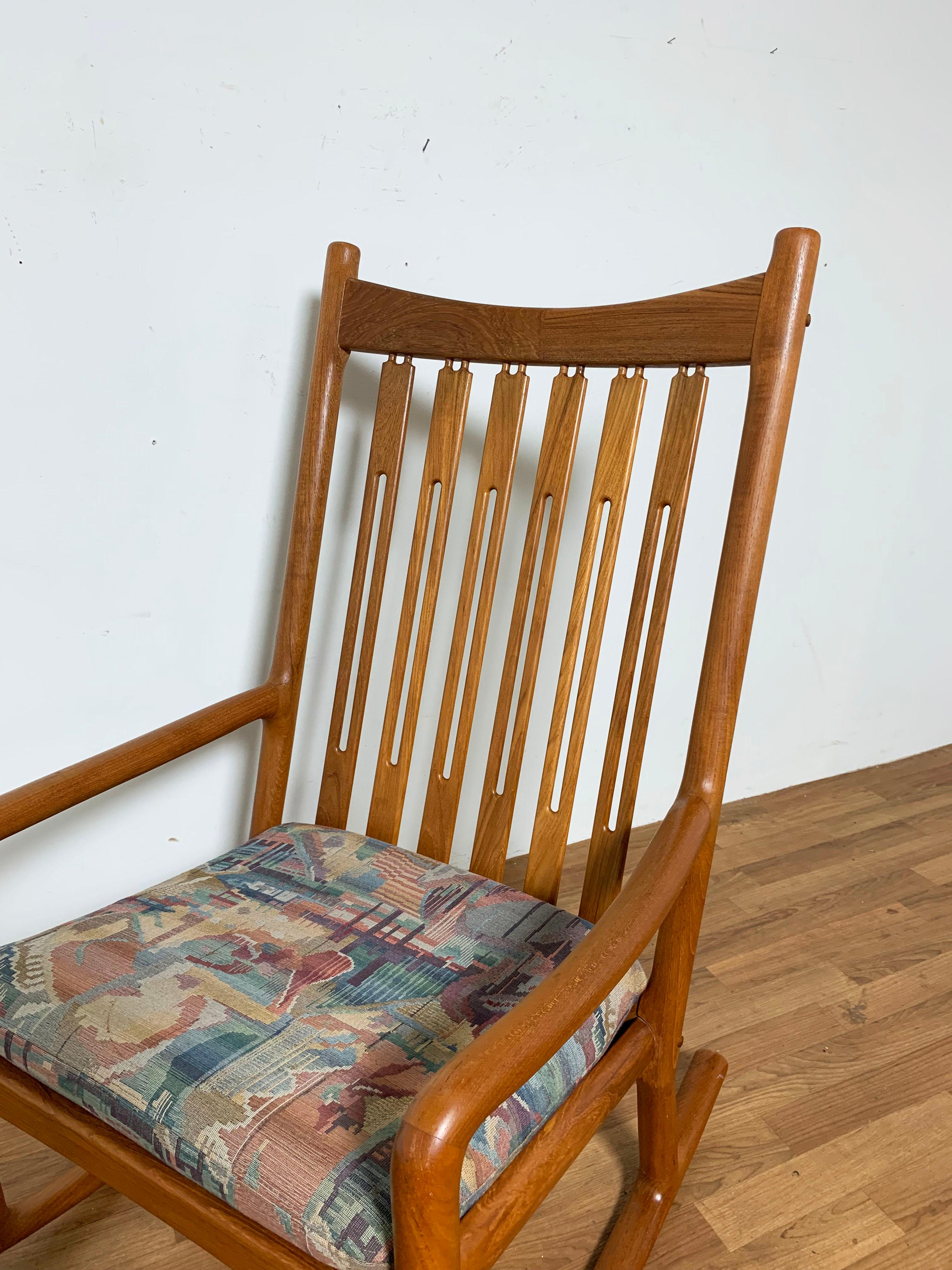 Danish teak rocking chair by Jacob Kjaer, with removable head pillow, circa 1960s.