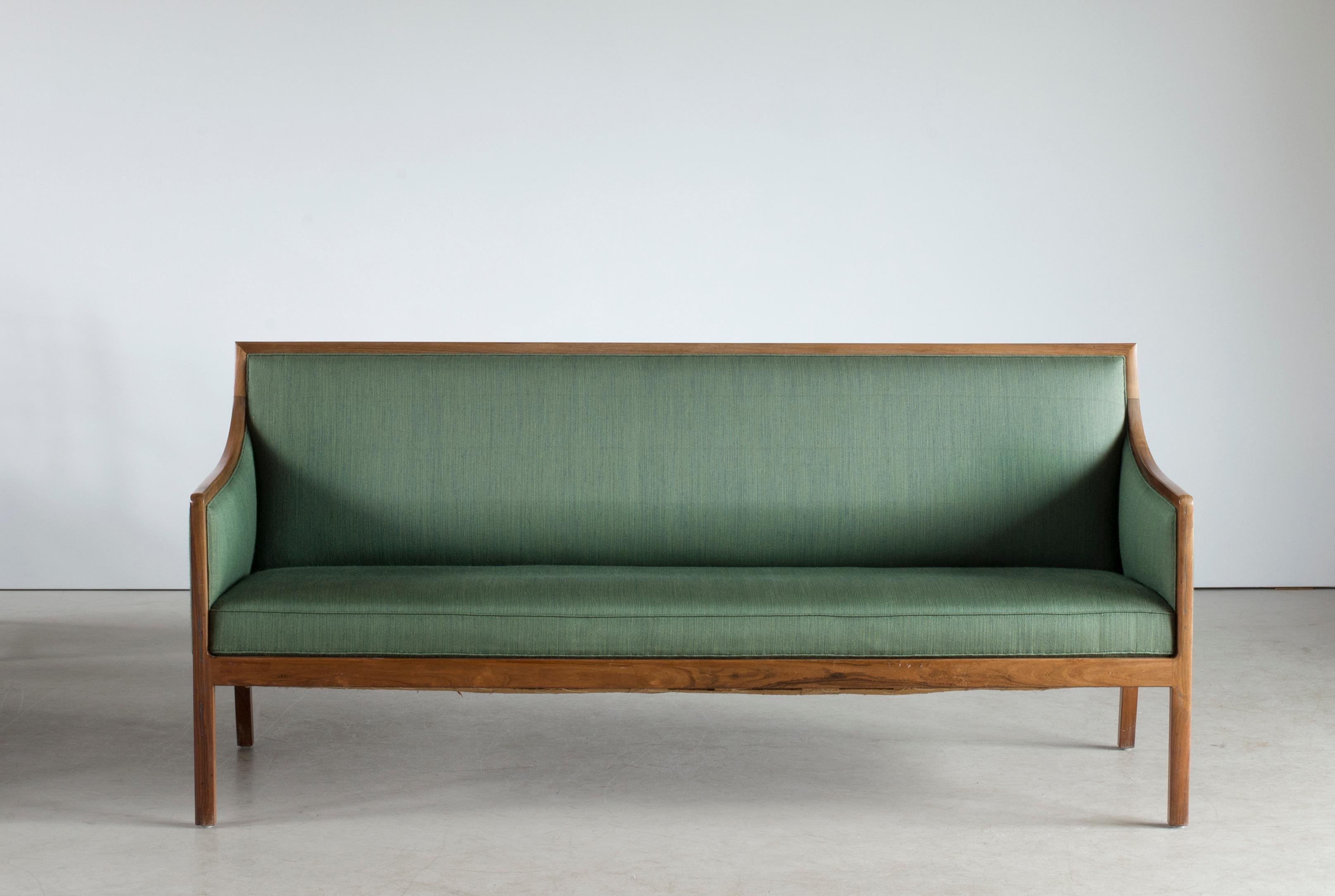 Jacob Kjaer Freestanding sofa with rosewood frame. SIdes, seat and back upholstered with green wool. Executed by cabinetmaker Wørts, Copenhagen, Denmark.