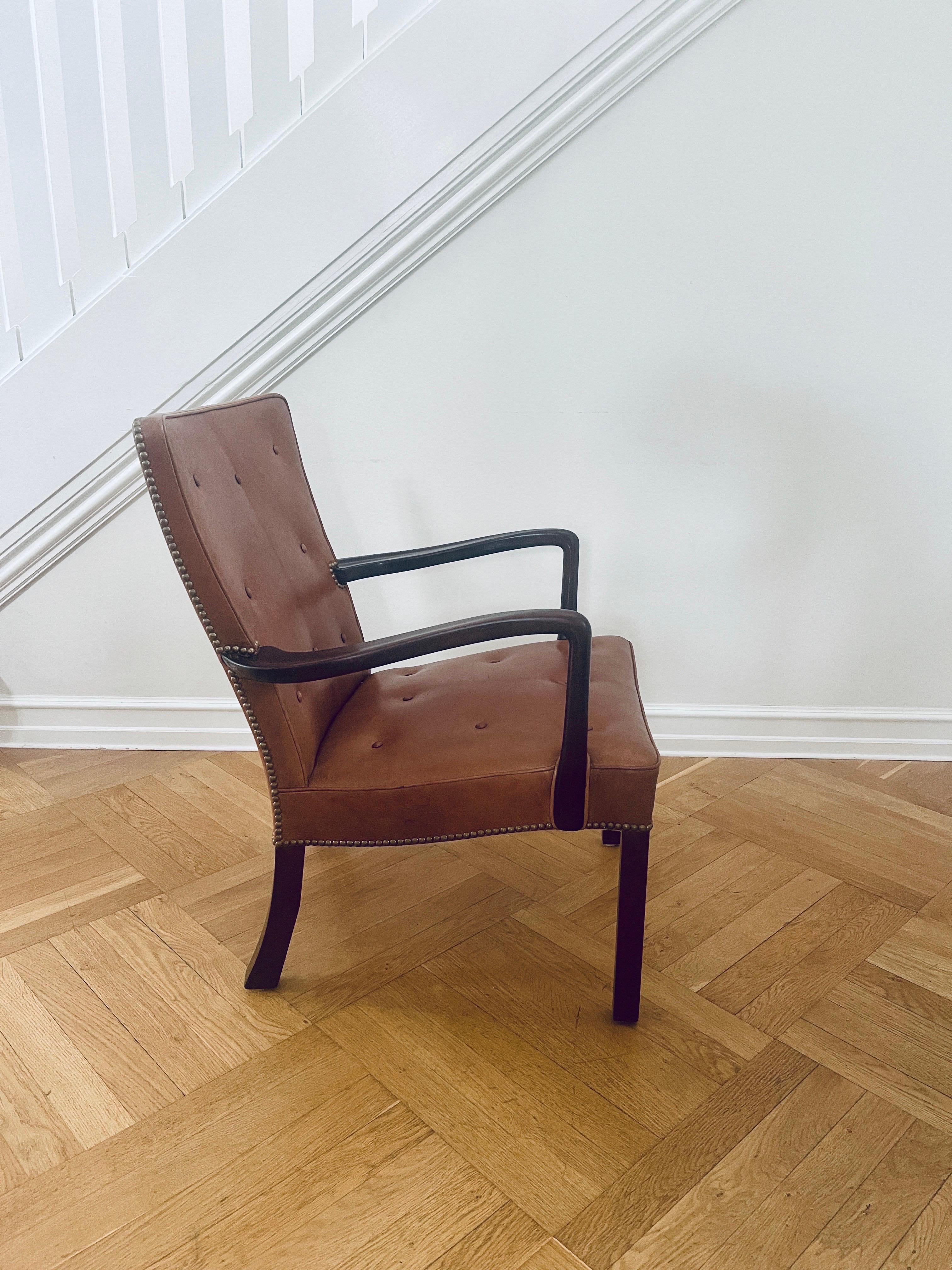 Danish Jacob Kjær Lounge Chair Mahogany and Niger Leather, Scandinavian Modern