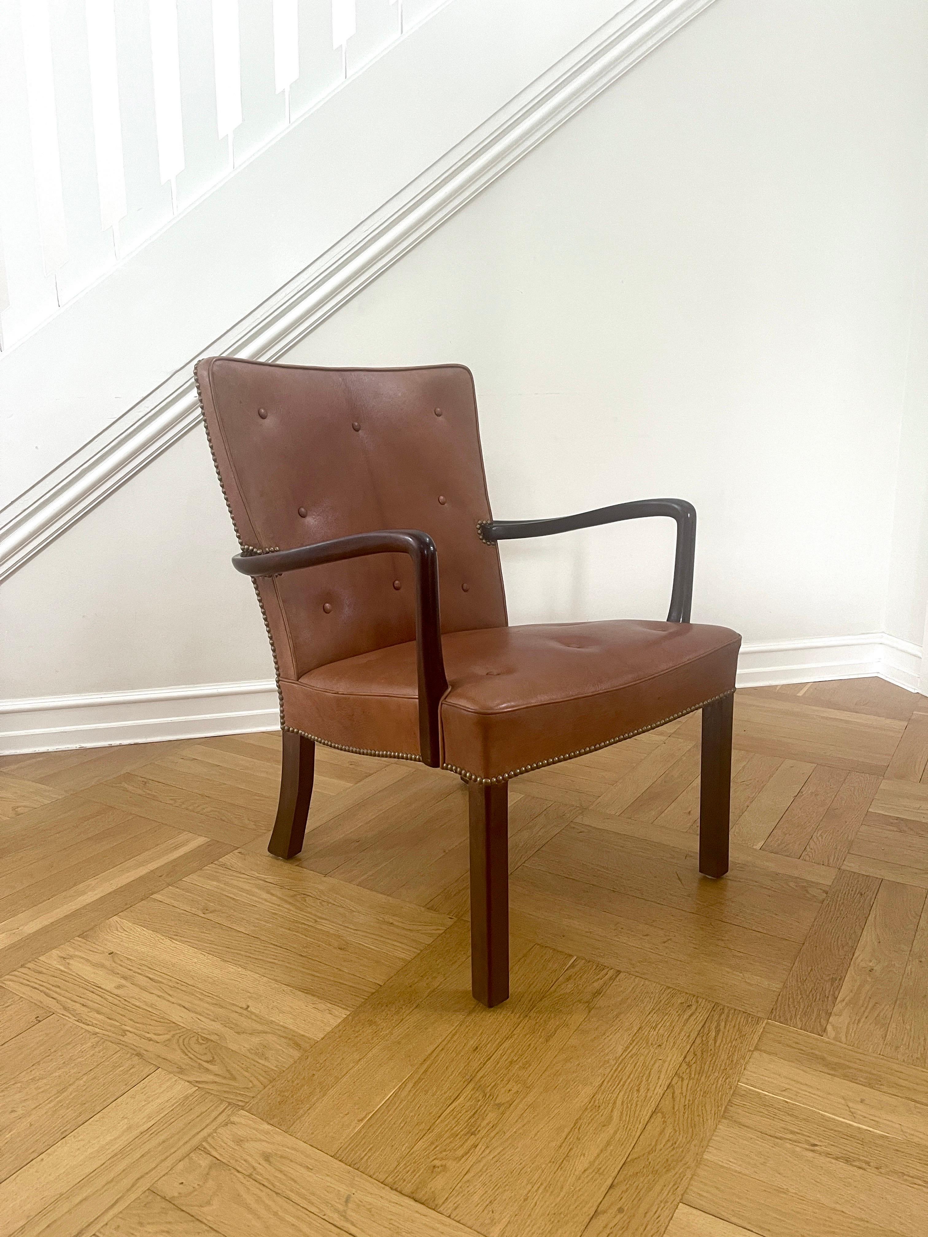 Stained Jacob Kjær Lounge Chair Mahogany and Niger Leather, Scandinavian Modern