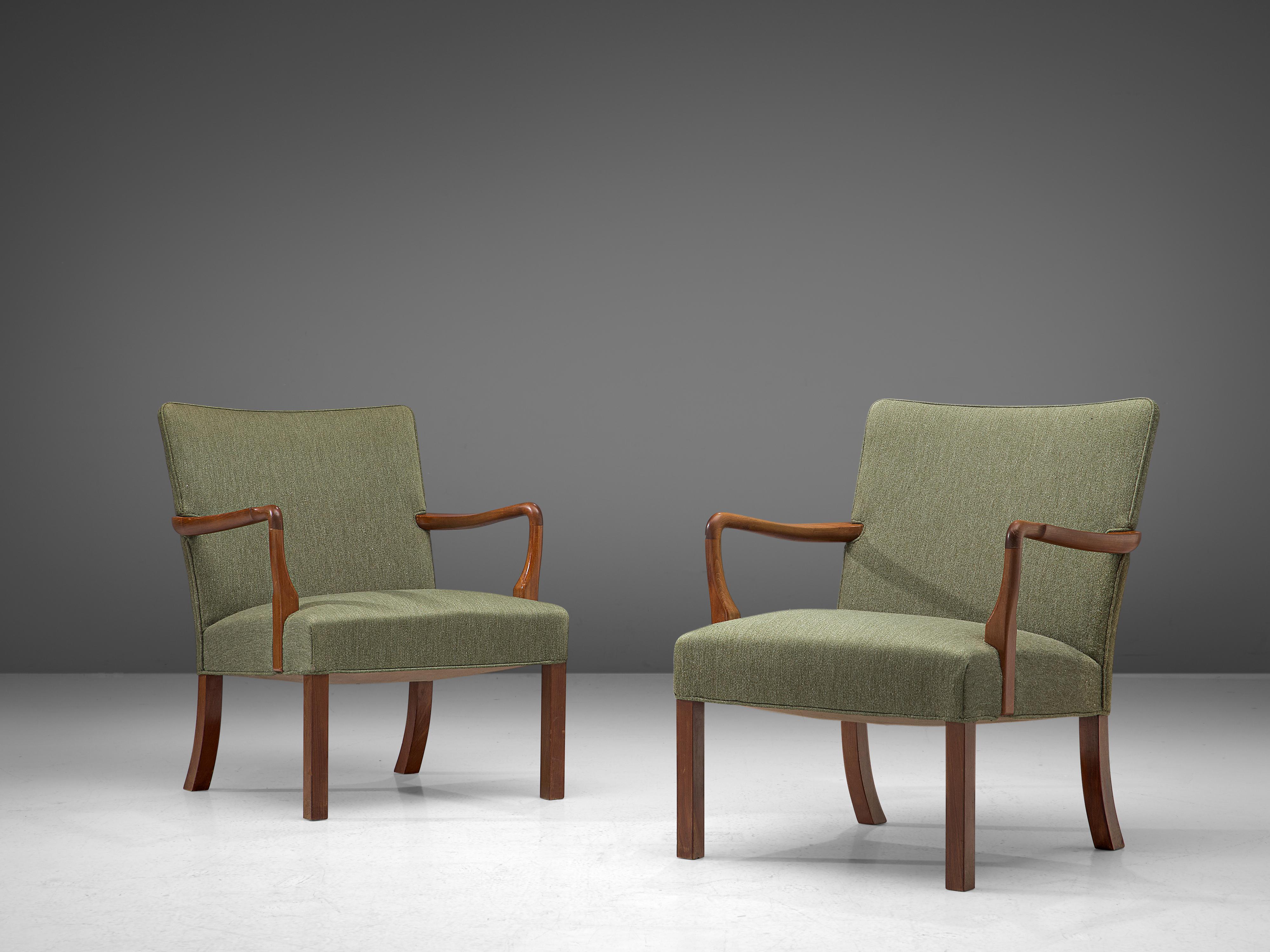 Jacob Kjær, pair of armchairs, mahogany, fabric, Denmark, 1940s

Stunning pair of armchairs by Danish master cabinetmaker Jacob Kjaer (1896-1957). Characterized by simplicity, the chairs are executed in the finest materials, such as mahogany. The
