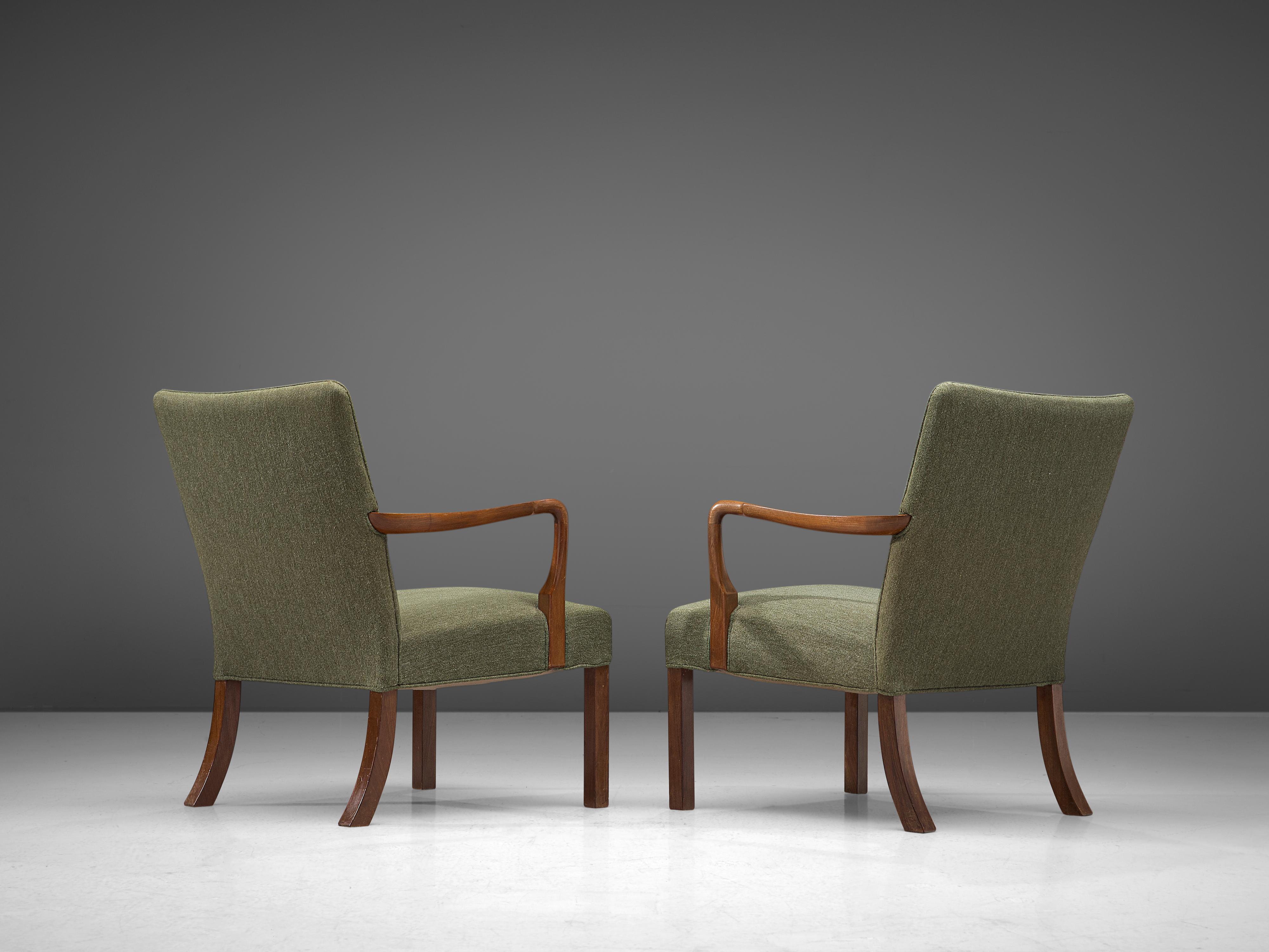 Jacob Kjær Pair of Lounge Chairs in Mahogany and Green Bouclë Upholstery In Good Condition In Waalwijk, NL