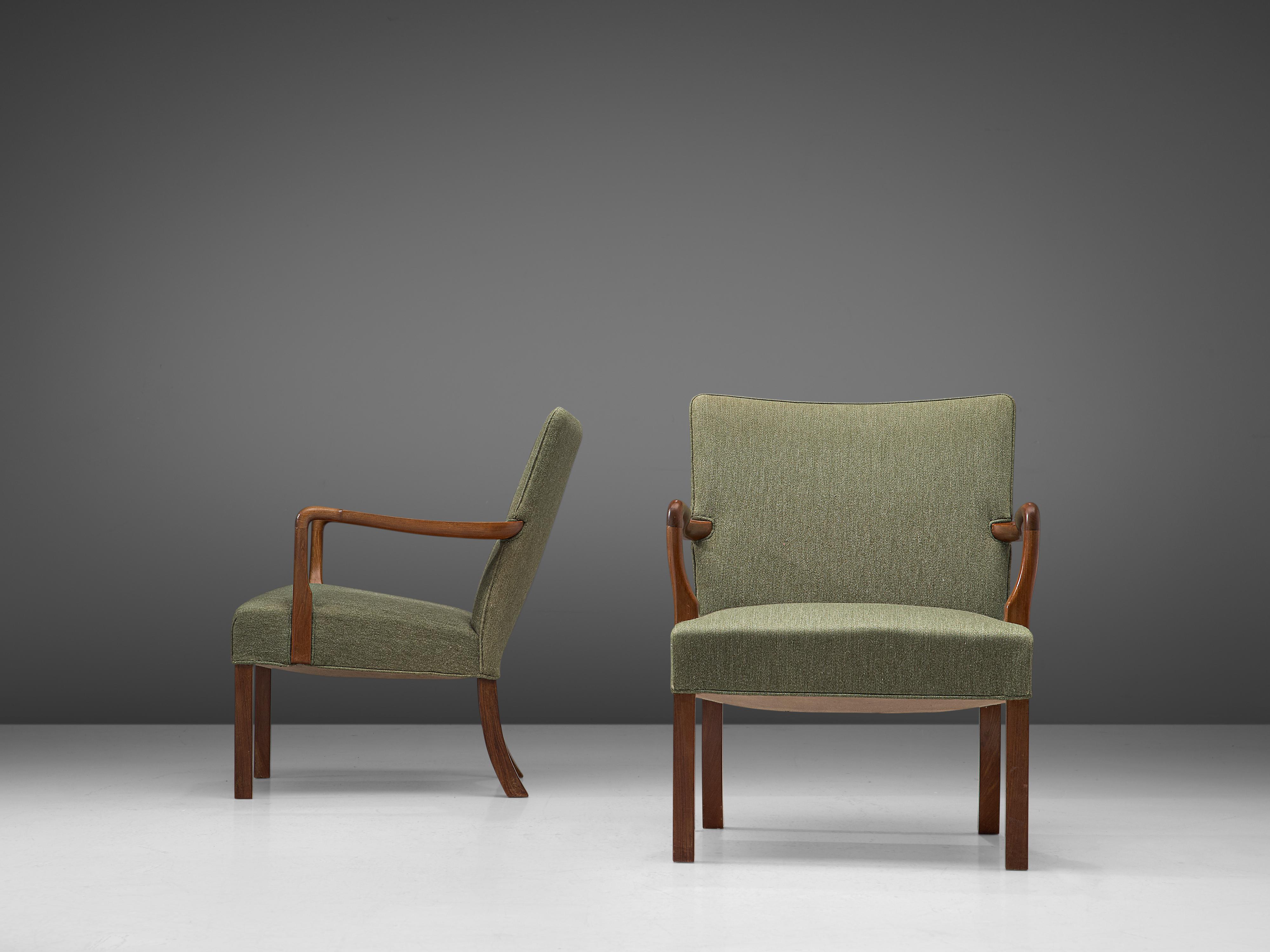 Mid-20th Century Jacob Kjær Pair of Lounge Chairs in Mahogany and Green Bouclë Upholstery