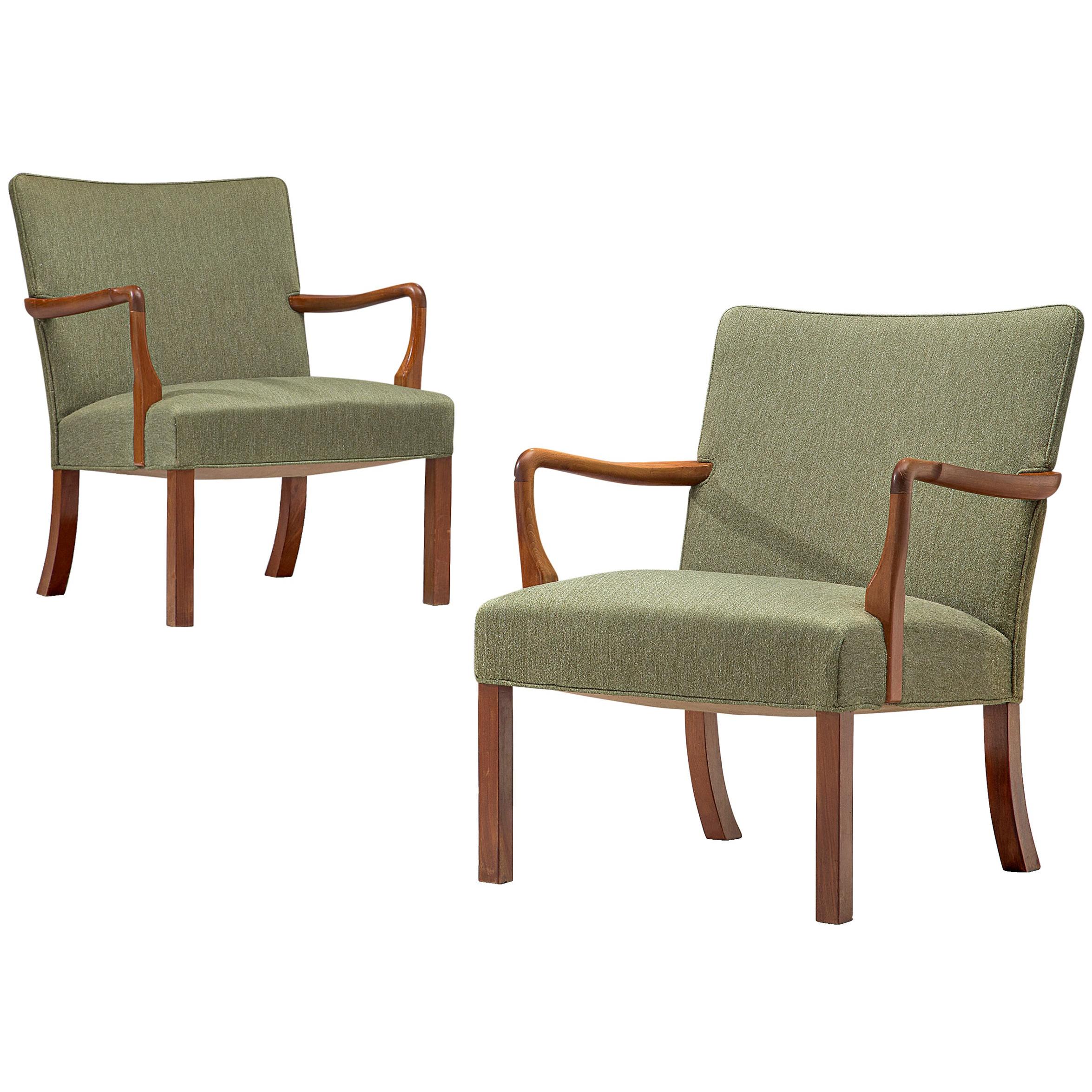 Jacob Kjær Pair of Lounge Chairs in Mahogany and Green Bouclë Upholstery