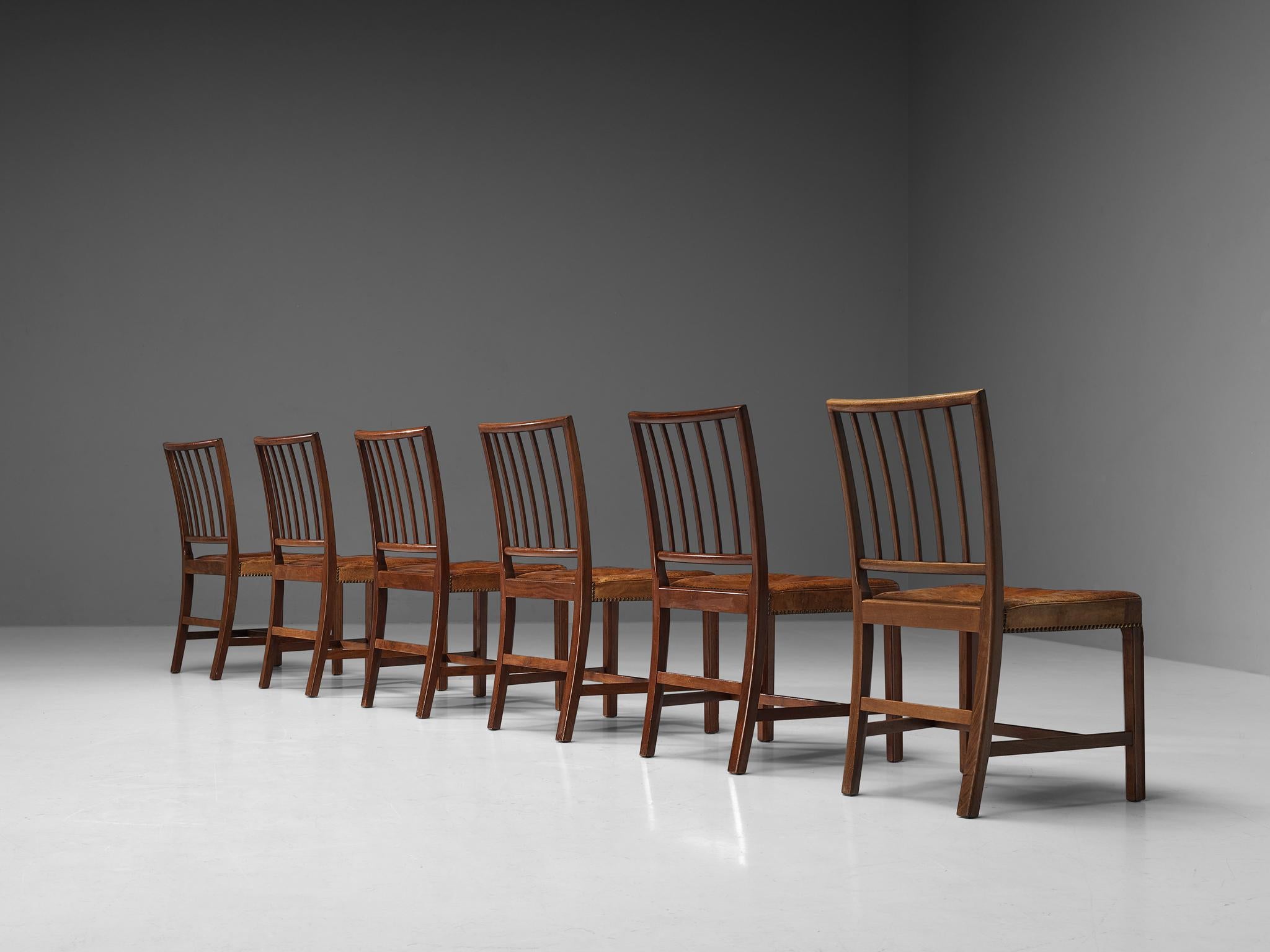 Scandinavian Modern Jacob Kjaer Rare Set of Six Dining Chairs in Mahogany and Niger Leather For Sale