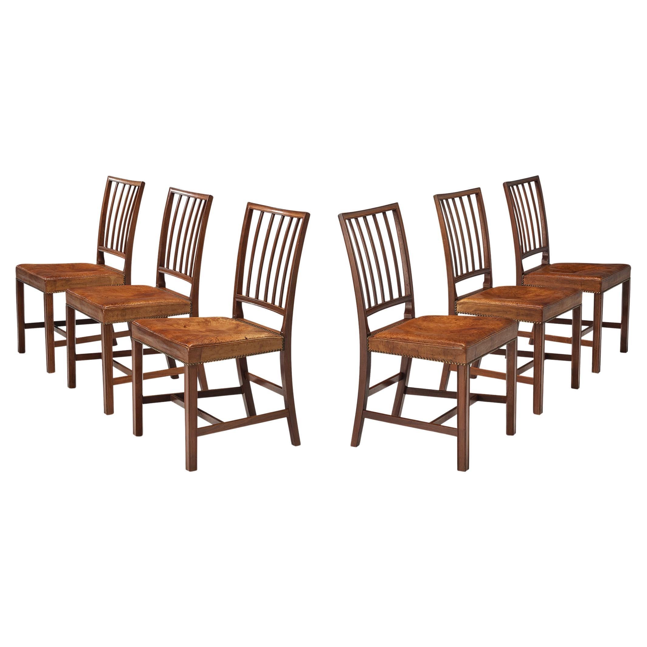 Jacob Kjaer Rare Set of Six Dining Chairs in Mahogany and Niger Leather  For Sale