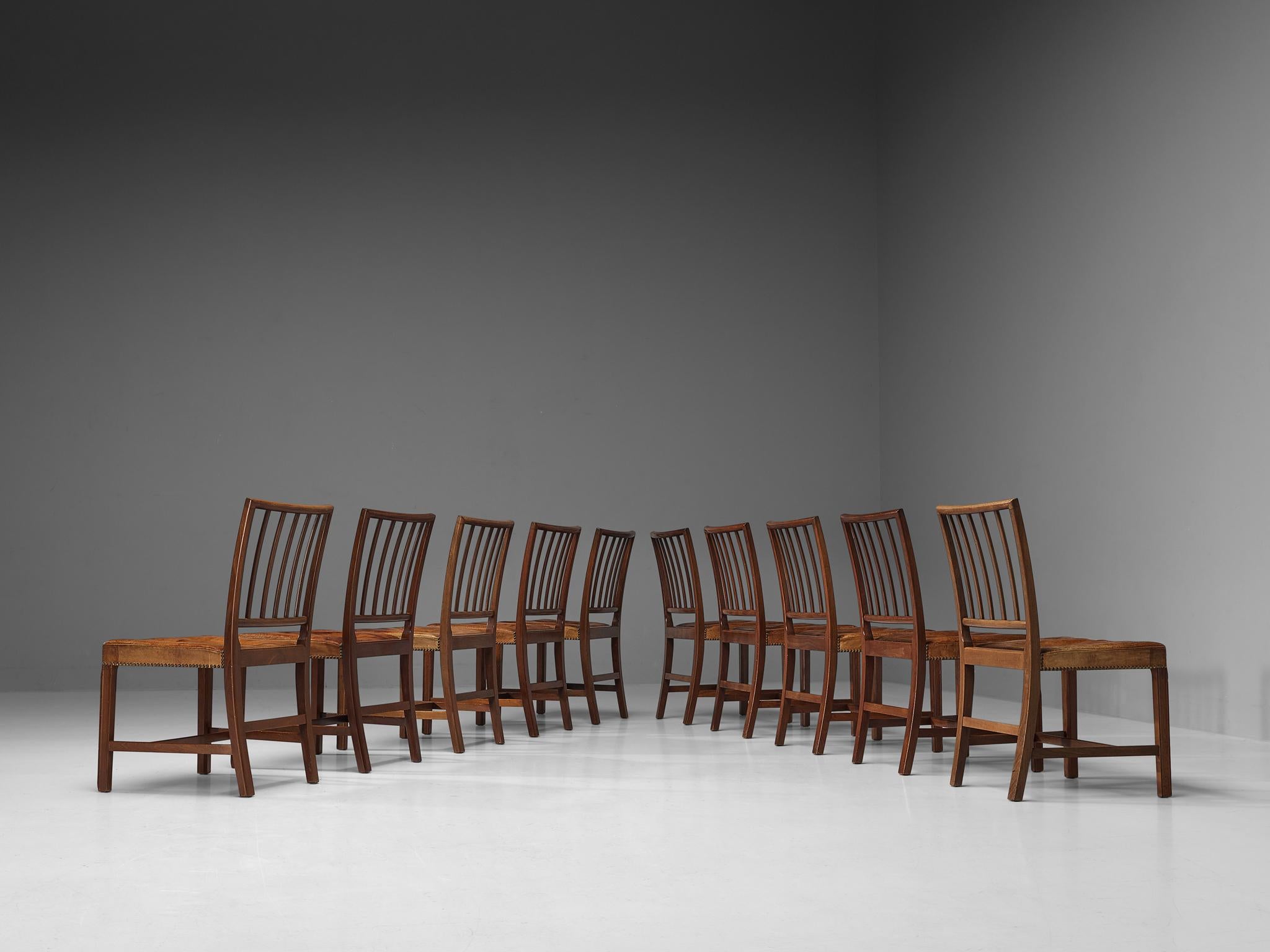Art Deco Jacob Kjaer Rare Set of Ten Dining Chairs in Mahogany and Niger Leather For Sale