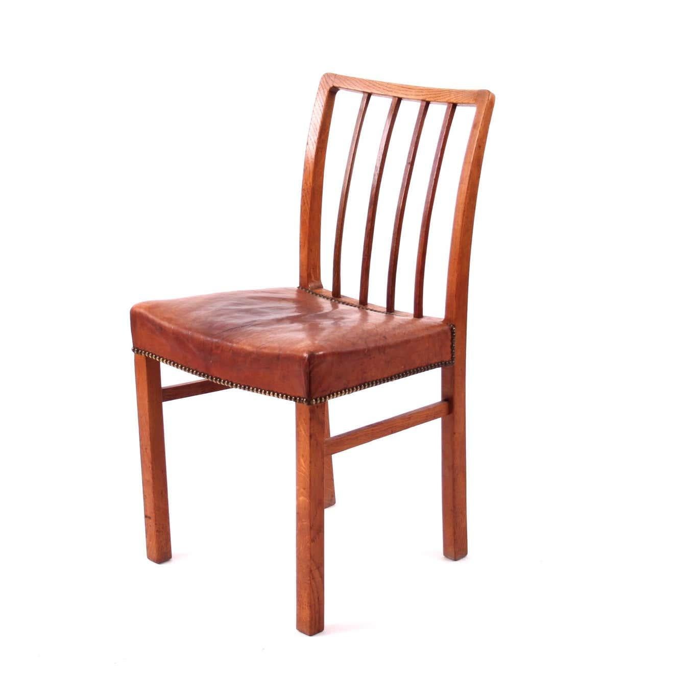 Scandinavian Modern Jacob Kjaer set of 6 dining chairs Oak and original Niger leather, 1930's For Sale
