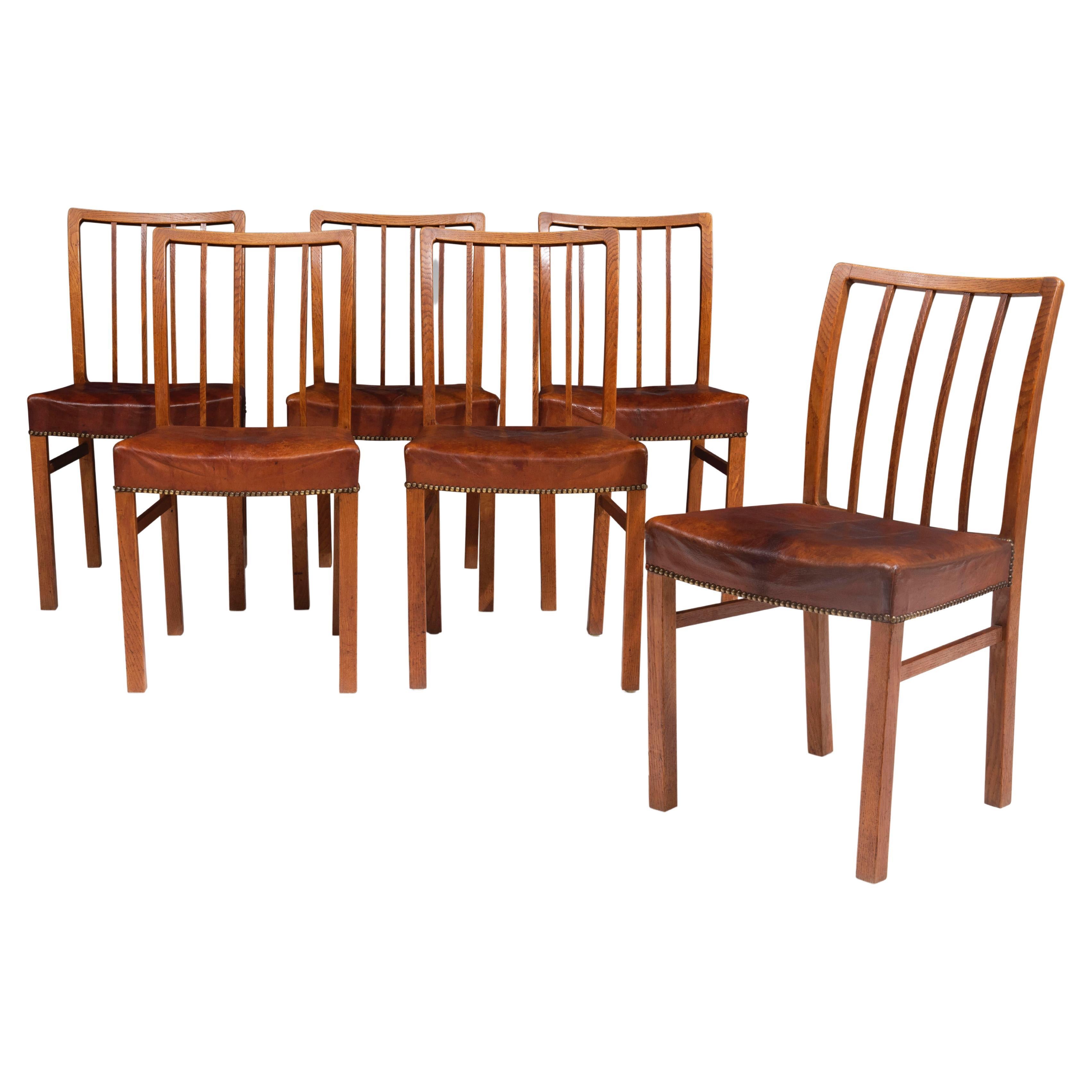 Jacob Kjaer set of 6 dining chairs Oak and original Niger leather, 1930's